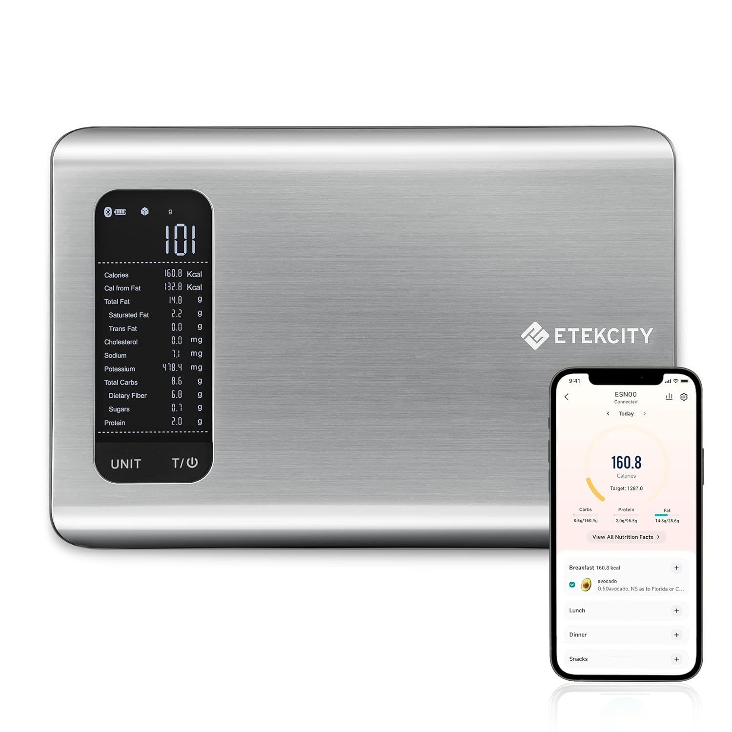 Etekcity Smart Food Kitchen Scale with Nutritional Calculator, Free App with 19 Nutrients Tracking, Calorie, Marco, Digital grams and ounces for weight loss, Premium Stainless Steel, 11lb