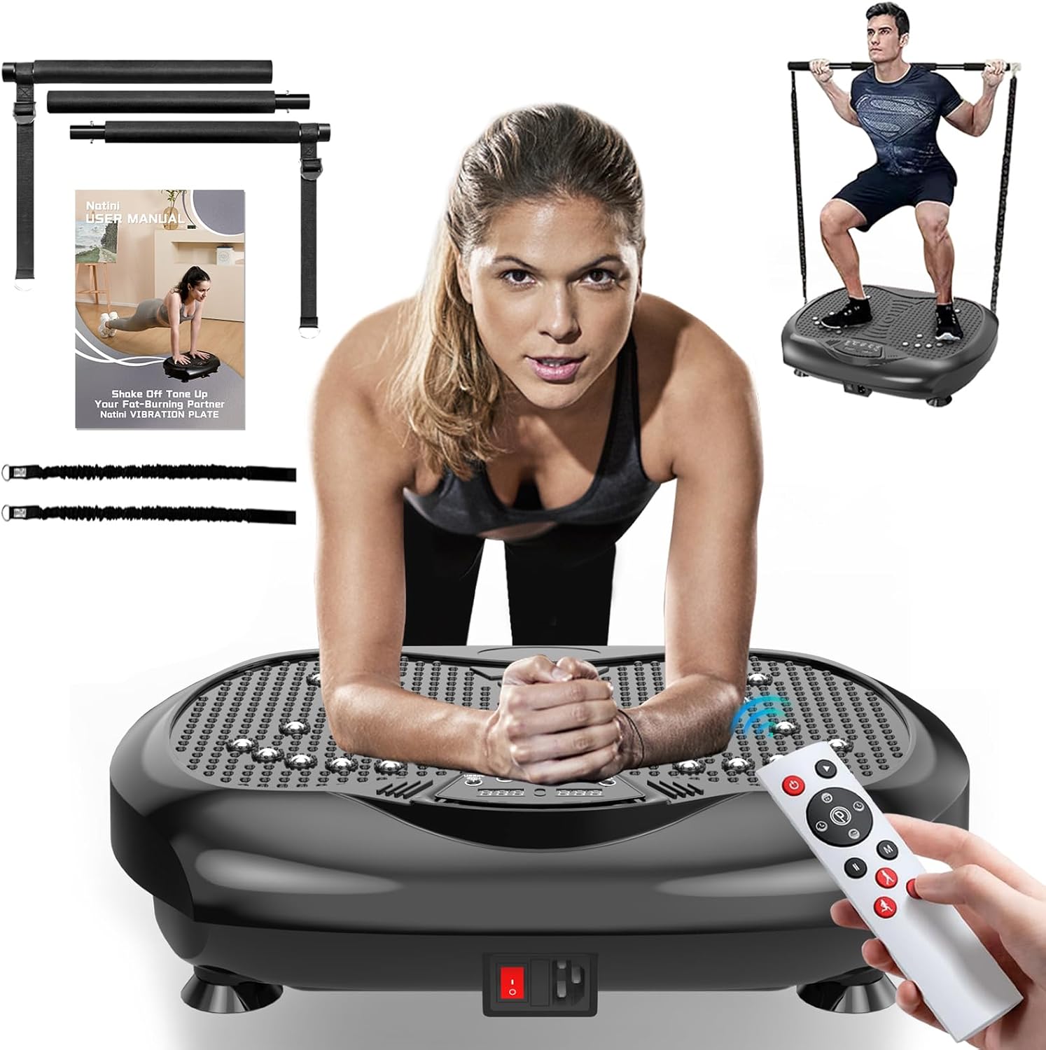 Vibration Plate Exercise Machine – Whole Body Workout Vibration Platform Lymphatic Drainage Machine for Weight Loss Home Fitness w/Pilates Bar + Resistance Bands + Remote