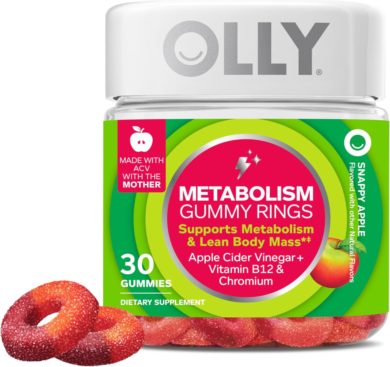OLLY Metabolism Gummy Rings, Apple Cider Vinegar, Vitamin B12, Chromium, Energy and Digestive Health, Chewable Supplement, Apple Flavor – 30 Count