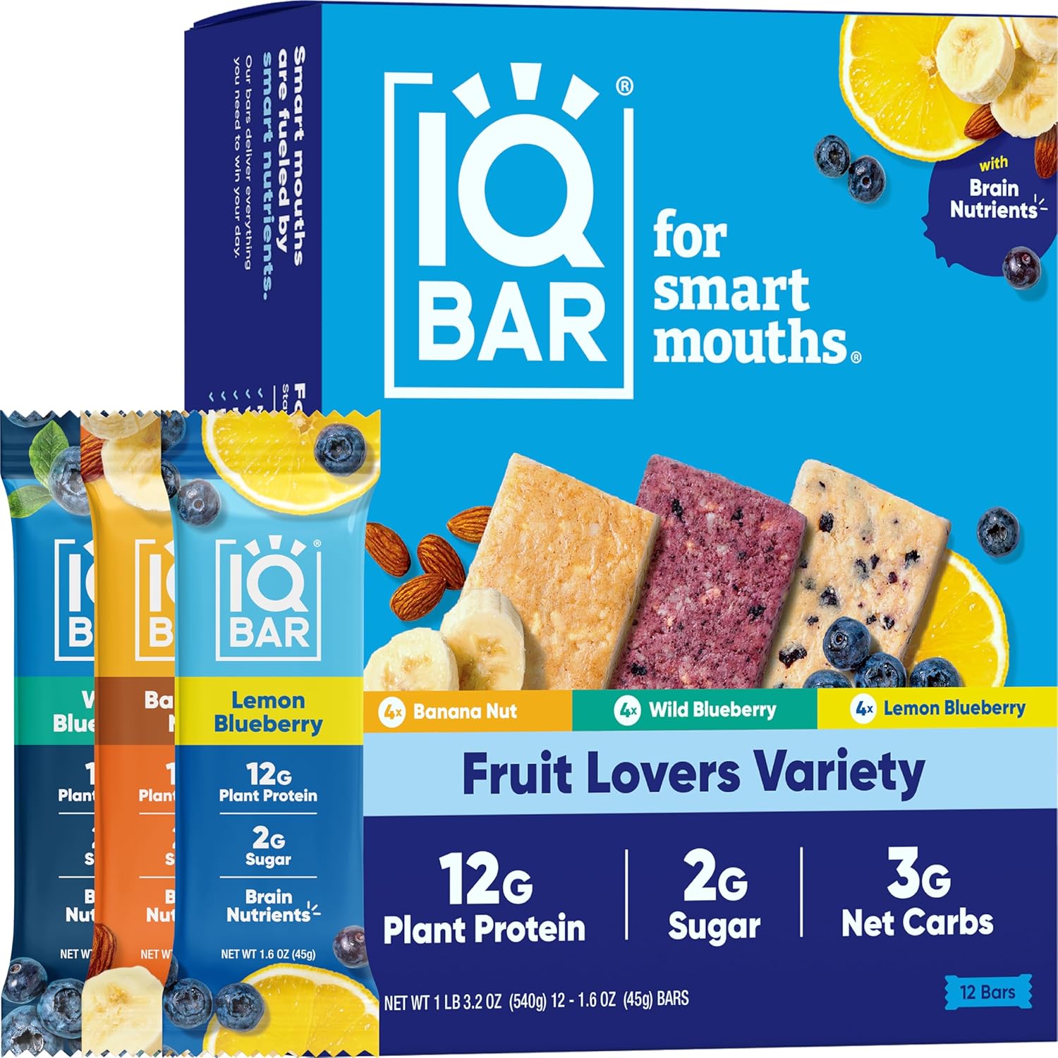 IQBAR Brain and Body Plant Protein Bars – Fruit Lovers Variety – 12-Count Low Carb – Gluten Free, High Fiber, Vegan Snacks – Low Sugar Meal Replacement