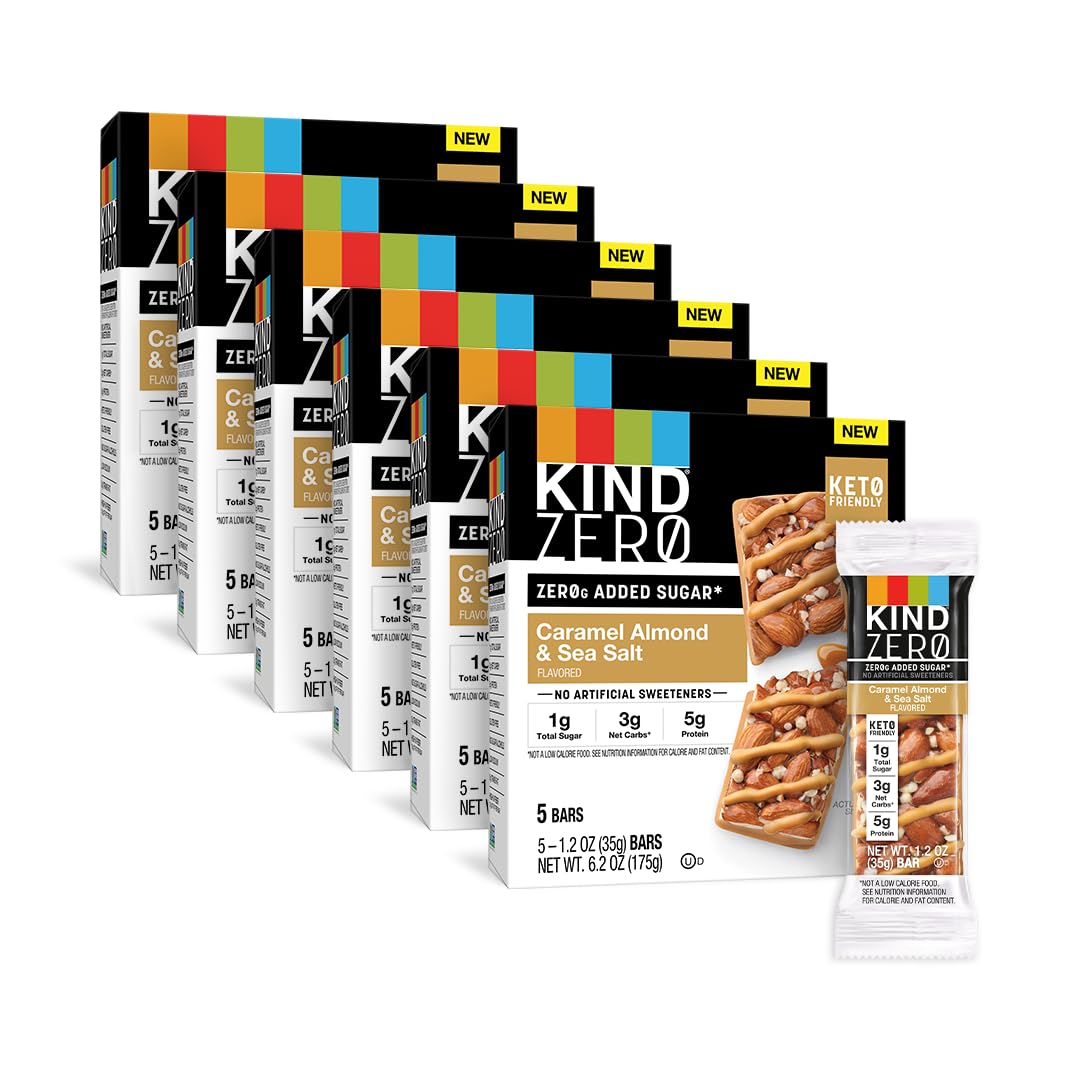 KIND ZERO Added Sugar Bars, Keto Snack, Caramel Almond and Sea Salt, Good Source of Fiber, Gluten Free, Low Sugar, 5g Protein, 30 Count