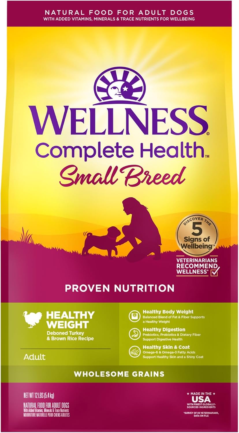 Wellness Complete Health Small Breed Dry Dog Food With Grains, Made In USA with Real Turkey and Natural Ingredients, For Dogs Up To 25 lbs, Healthy Weight, 12 Pound Bag