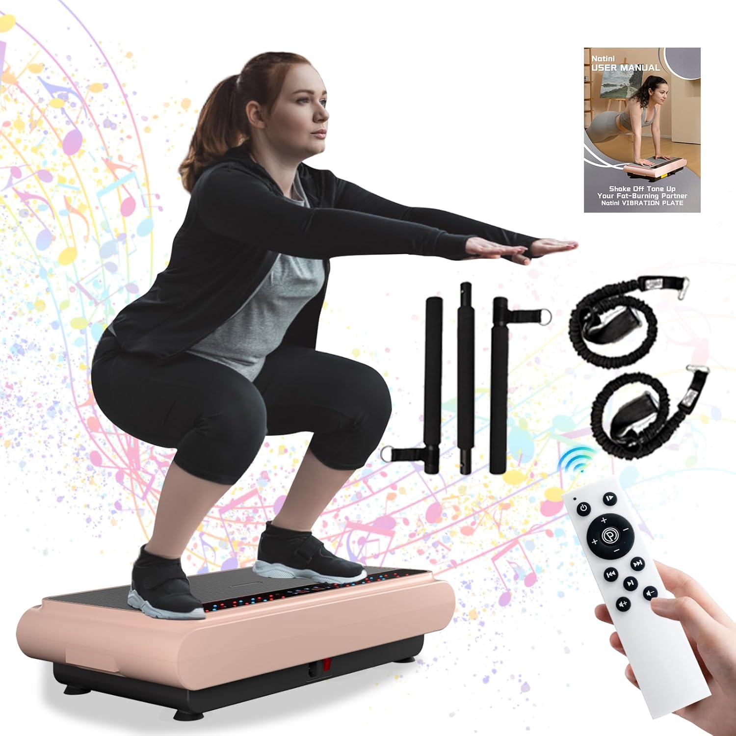 Vibration Plate Exercise Machine Whole Body Vibration Platform Machine with Pilates Bar Resistance Bands for Home Fitness Training Equipment & Weight Loss