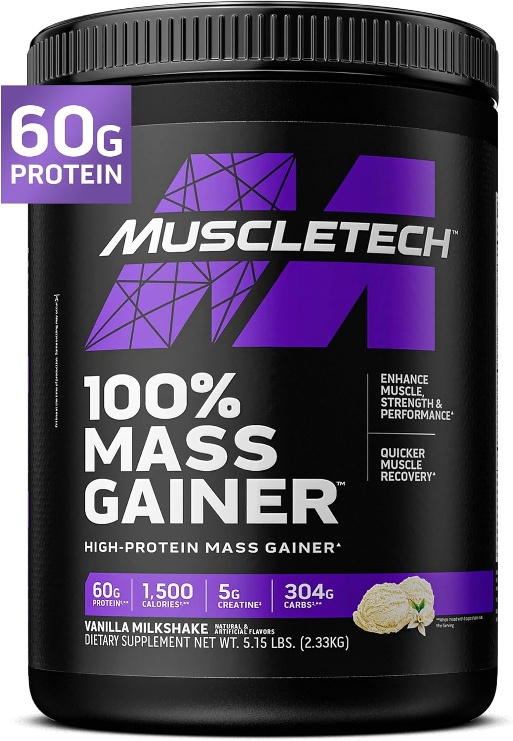 Mass Gainer MuscleTech 100% Mass Gainer Protein Powder Protein Powder for Muscle Gain Whey Protein + Muscle Builder Creatine Supplements Vanilla, 5.15 Pound (Pack of 1)
