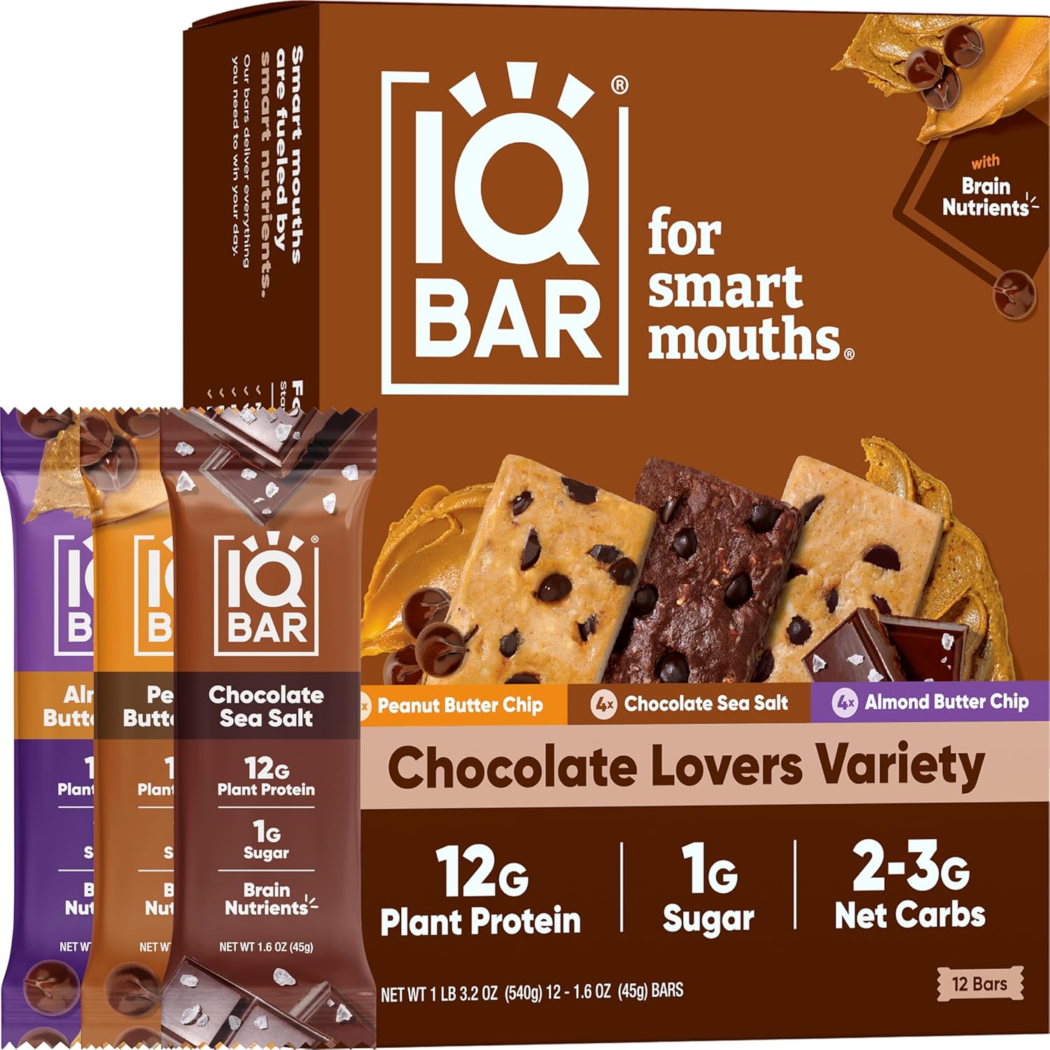 IQBAR Brain and Body Plant Protein Bars – Chocolate Lovers Variety – 12-Count Low Carb – Gluten Free, High Fiber, Vegan Snacks – Low Sugar Meal Replacement