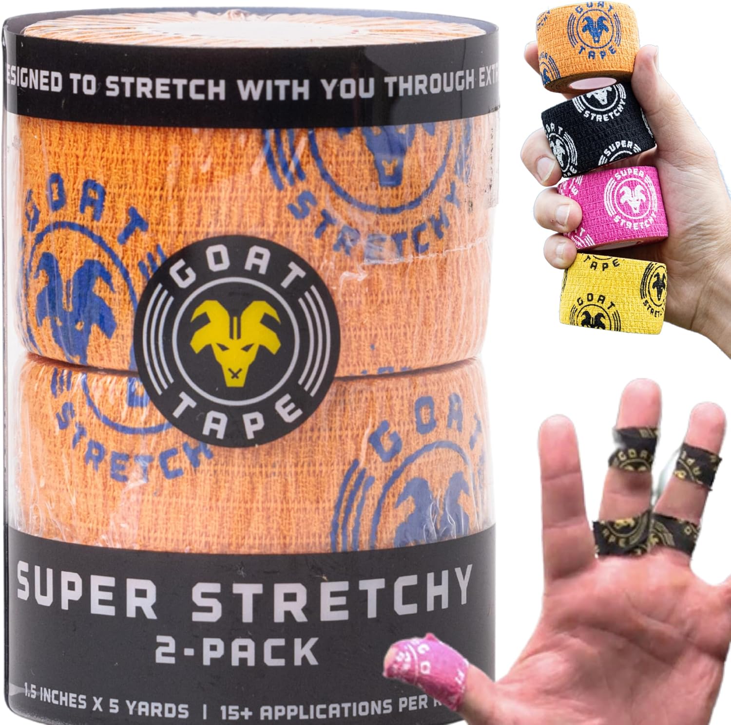 Super Stretchy Thumb Tape – Weightlifting Hook Grip Tape & WOD Tape for Cross Training, Gym Workout Tape, Athletic Finger Wrap – Flexes with Every Move – 15 Feet per Roll (Orange 2-Pack)