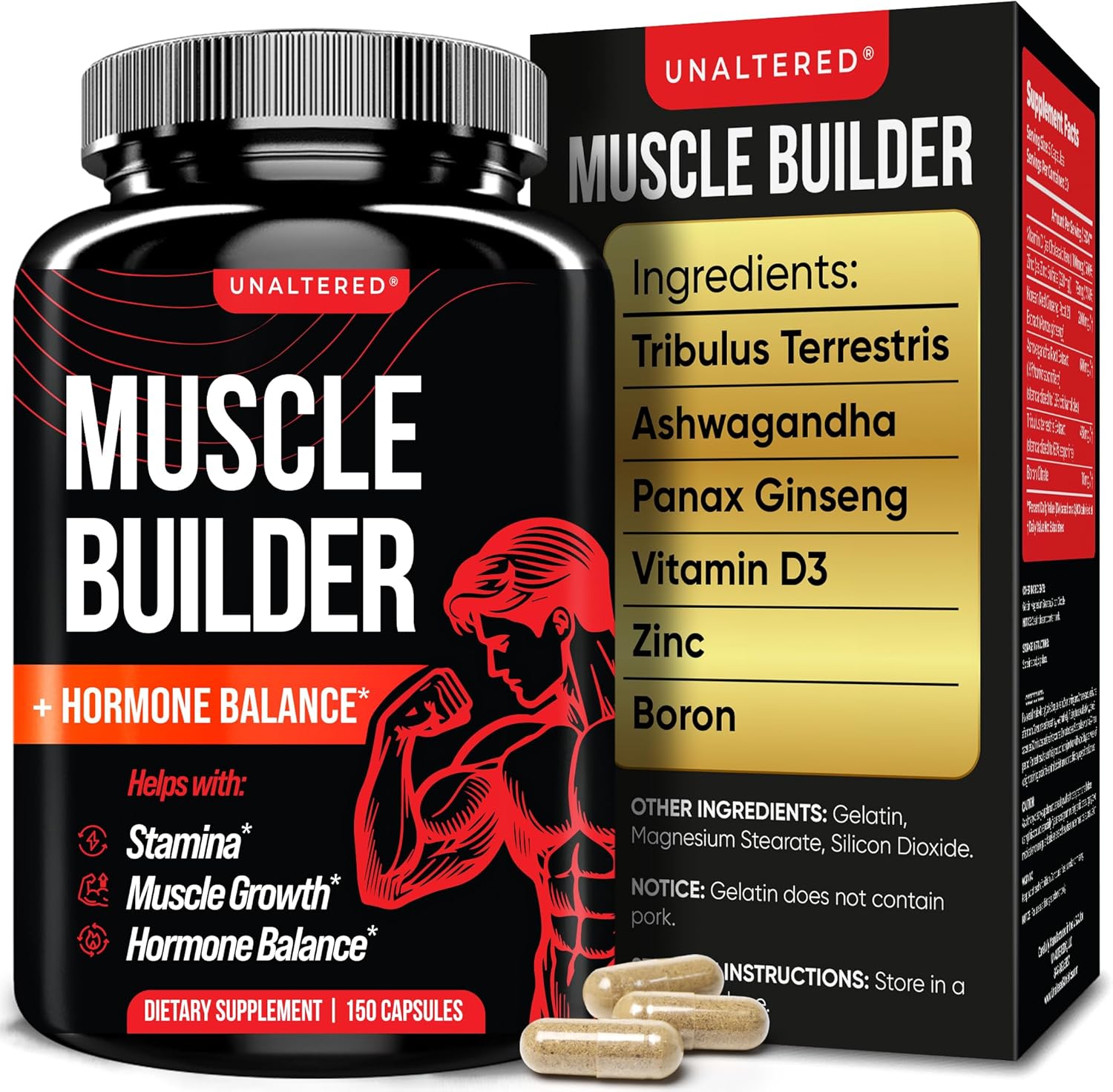 UNALTERED Muscle Builder for Men – Supports Muscle Growth, Size, Strength – Natural Muscle Building Supplement & Energy Booster – Tribulus Terrestris, Ginseng, Vitamin D3, Ashwagandha – 150 Capsules