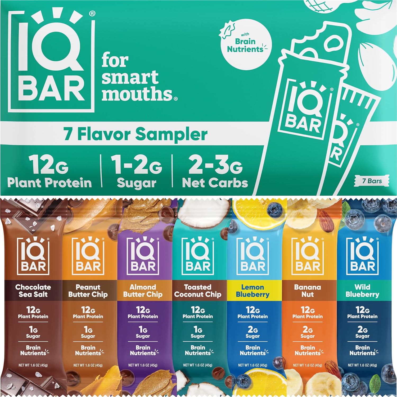IQBAR Brain and Body Plant Protein Bars – 7 Bar Sampler Pack – Gluten Free, High Fiber, Vegan Snacks – Low Sugar Meal Replacement