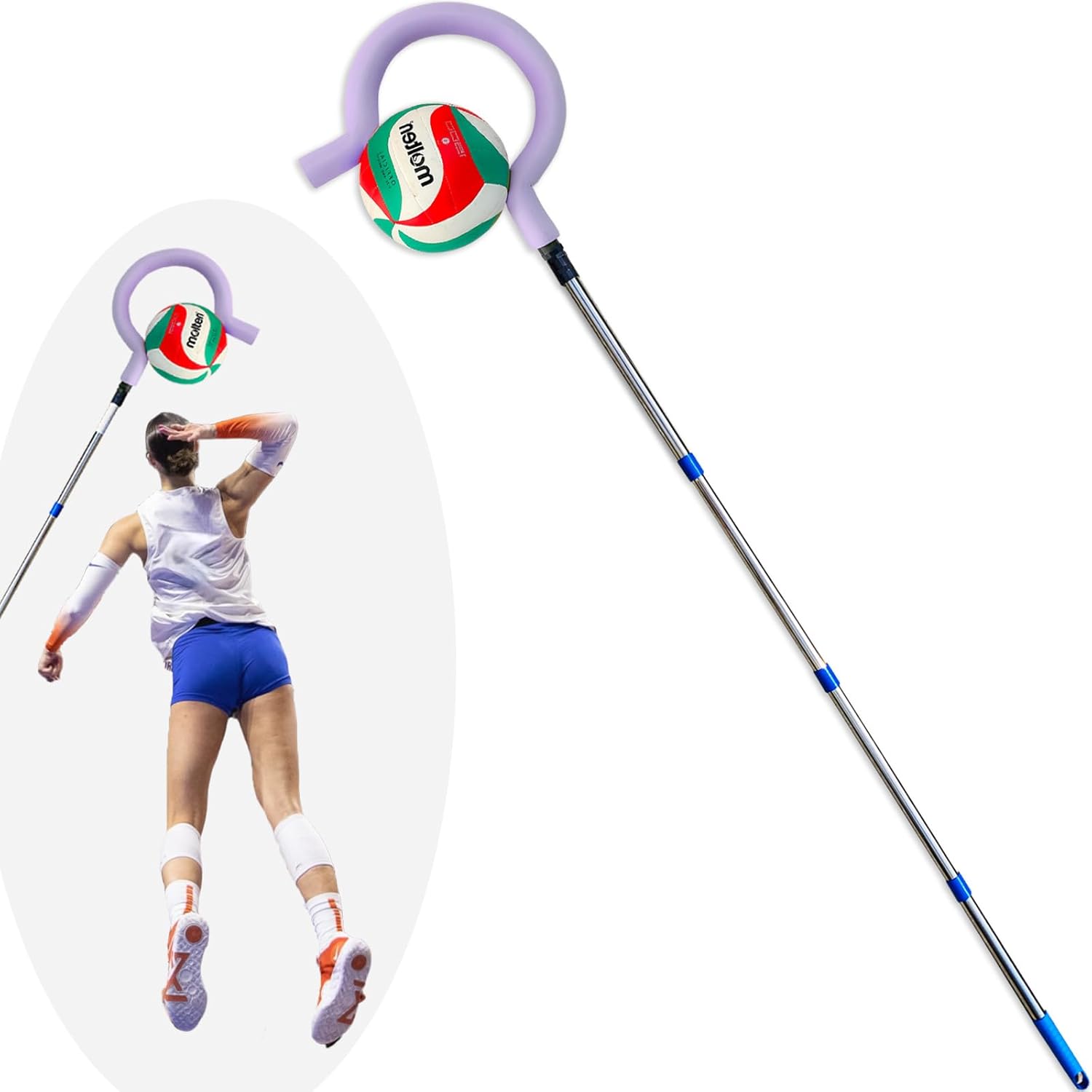 AKA Sports Gear Volleyball Spike Trainer (EVA Header Design, No Header Scrap) Split Pole with Question Mark Hook-Adjustable Volleyball Hitting Trainer Equipment for Serving, Spiking and Jump Training