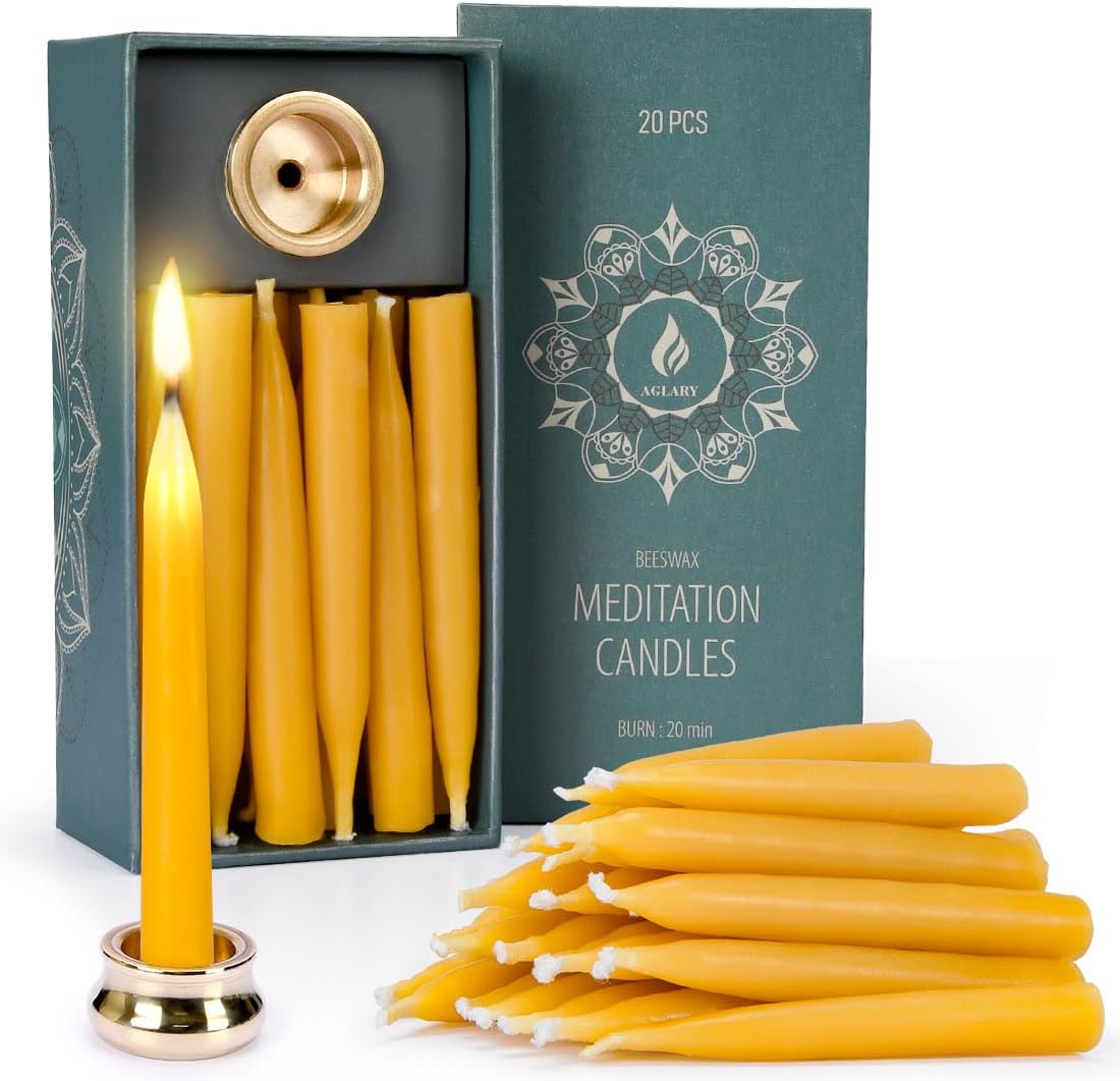 20 Minute Pure Beeswax Candles, Dripless Meditation Candles, Mini Taper Candles, Set of 20 with Brass Candle Holders.