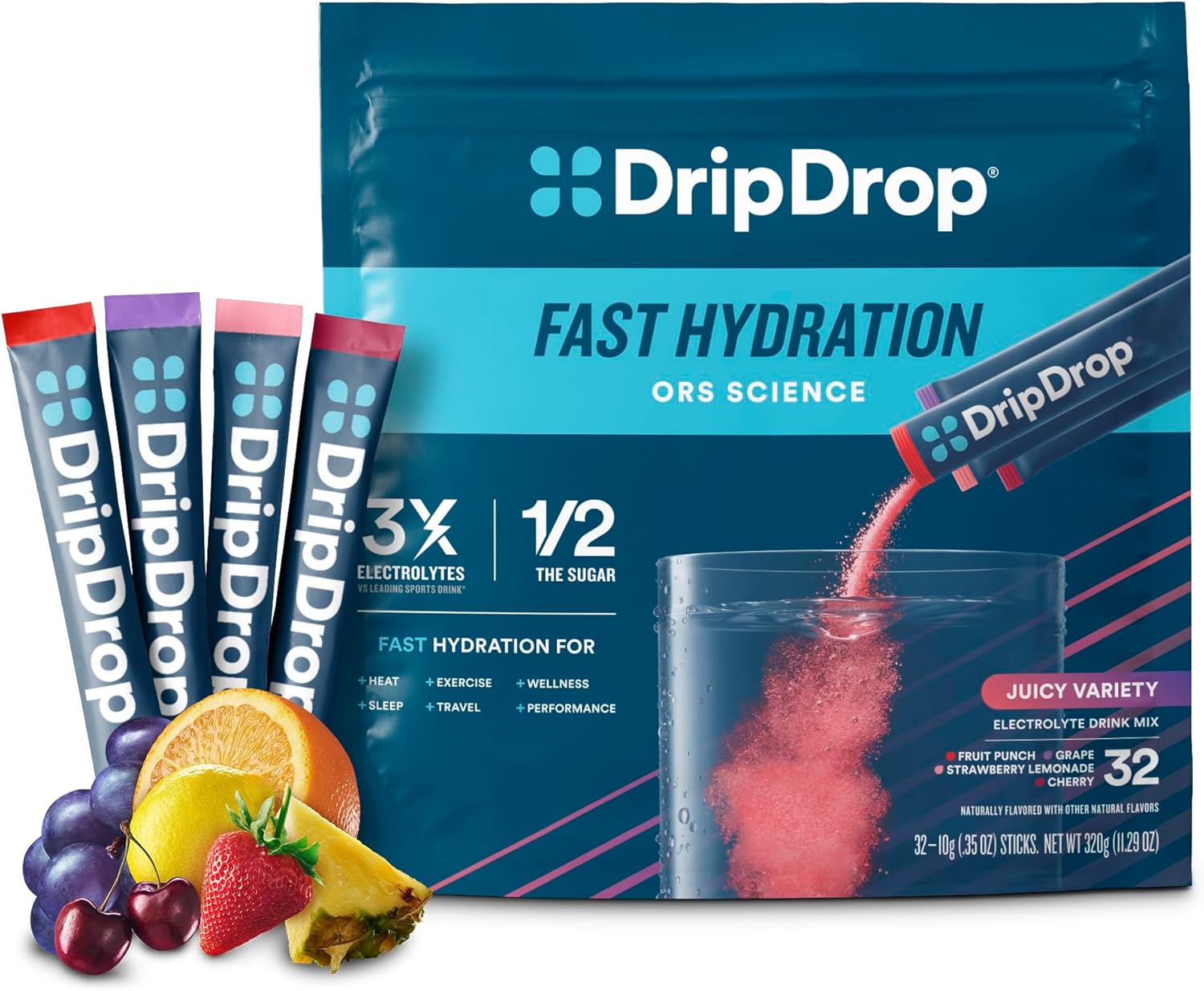DripDrop Hydration – Juicy Variety Pack – Electrolyte Drink Mix Single Serve Powder Packets – Grape, Fruit Punch, Strawberry Lemonade, Cherry | Non-GMO, Gluten Free, Vegan | 32 Sticks
