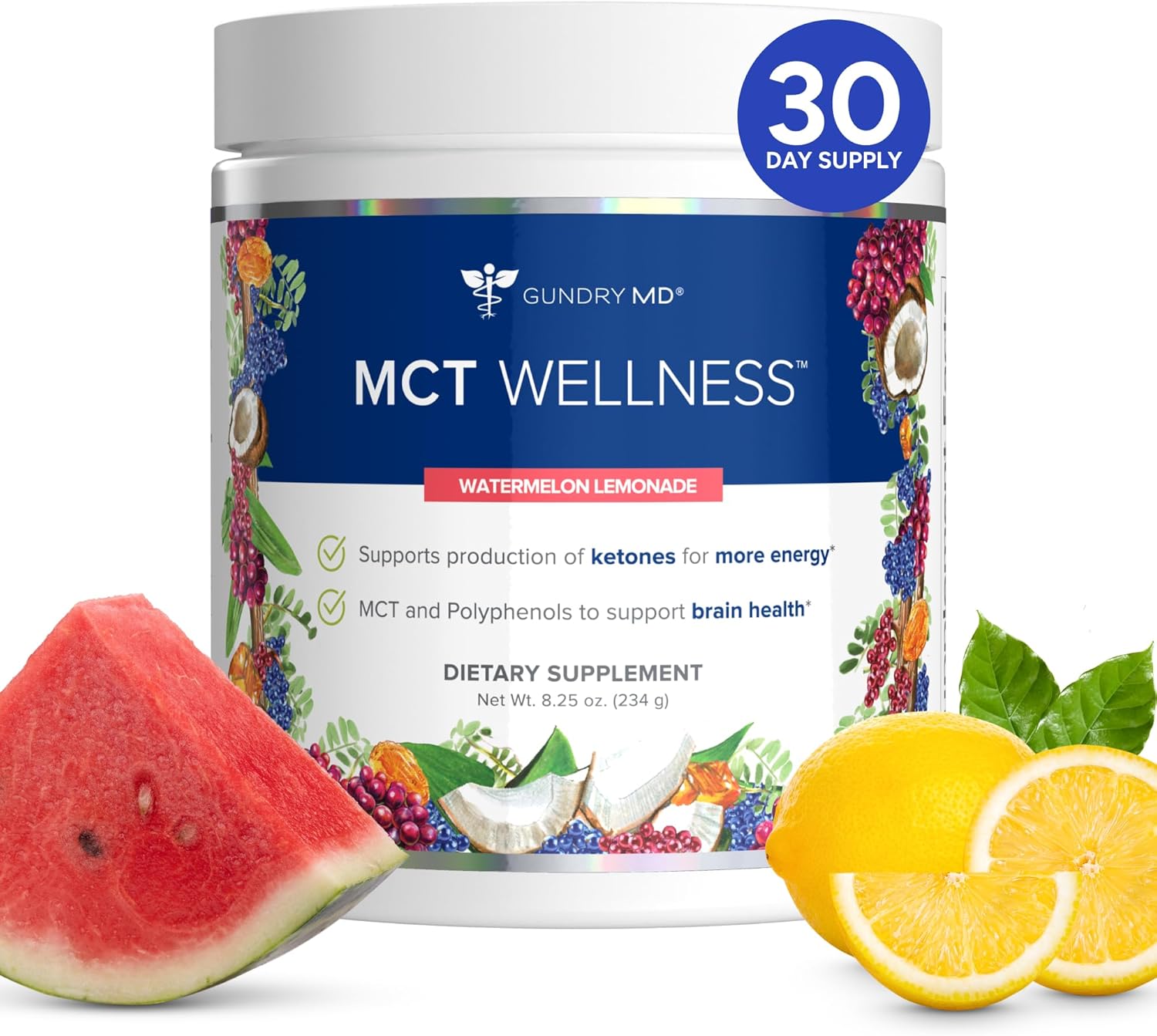 Gundry MD MCT Wellness Powder to Support Energy, Ketone Production and Brain Health, Keto Friendly, Sugar Free (30 Servings) (Watermelon Lemonade)