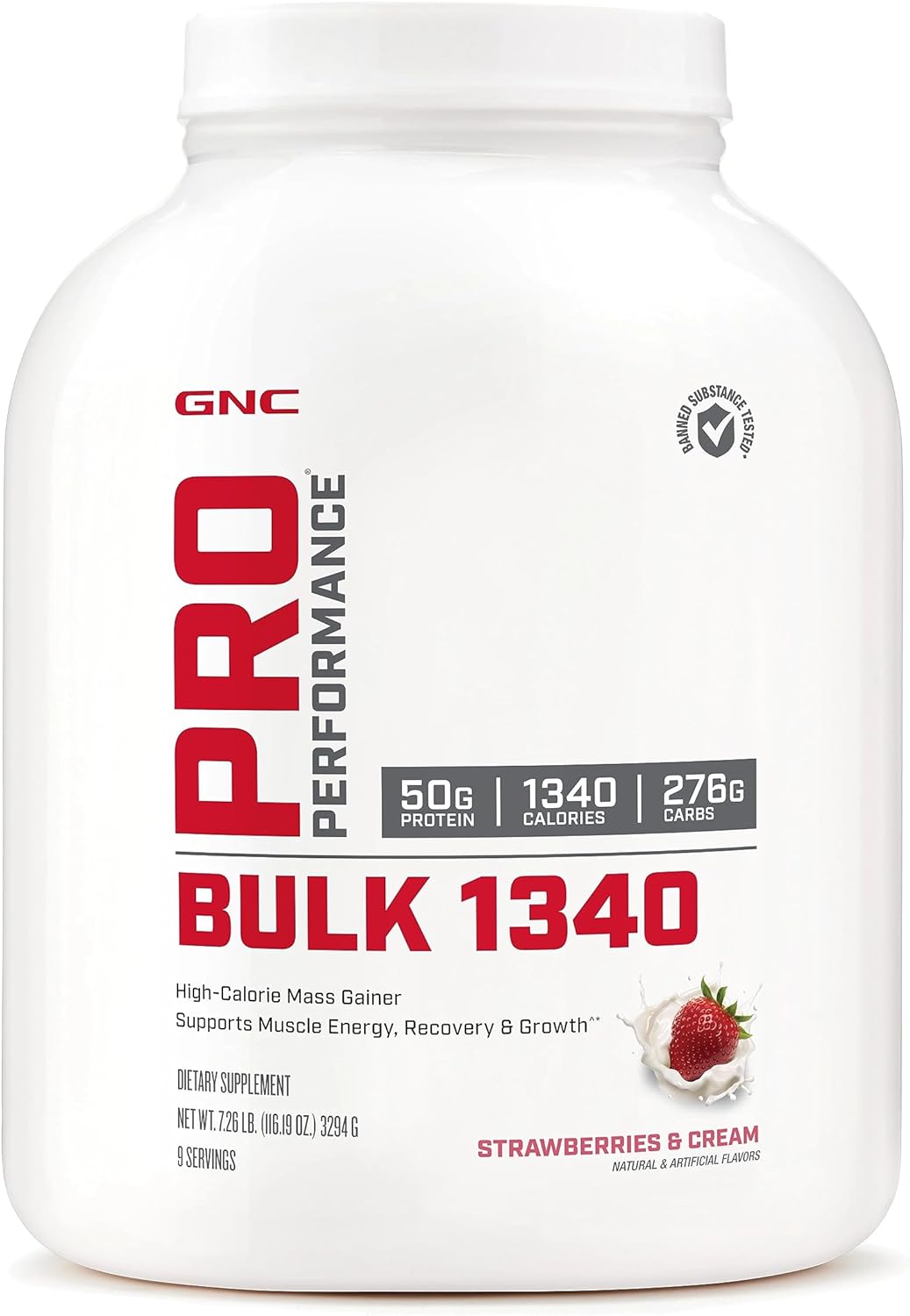 GNC Pro Performance Bulk 1340 Mass Gainer Protein Powder | 50g, 1340 Calories, Gluten Free | Banned Substance Tested Mass Gainer | Supports Muscle Energy, Recovery and Growth | Strawberries and Cream