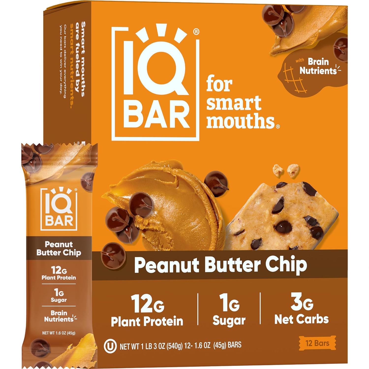 IQBAR Brain and Body Plant Protein Bars – Peanut Butter Chip – 12 Count, Low Carb, High Fiber, Gluten Free, Vegan Snacks – Low Sugar Keto Energy Bars