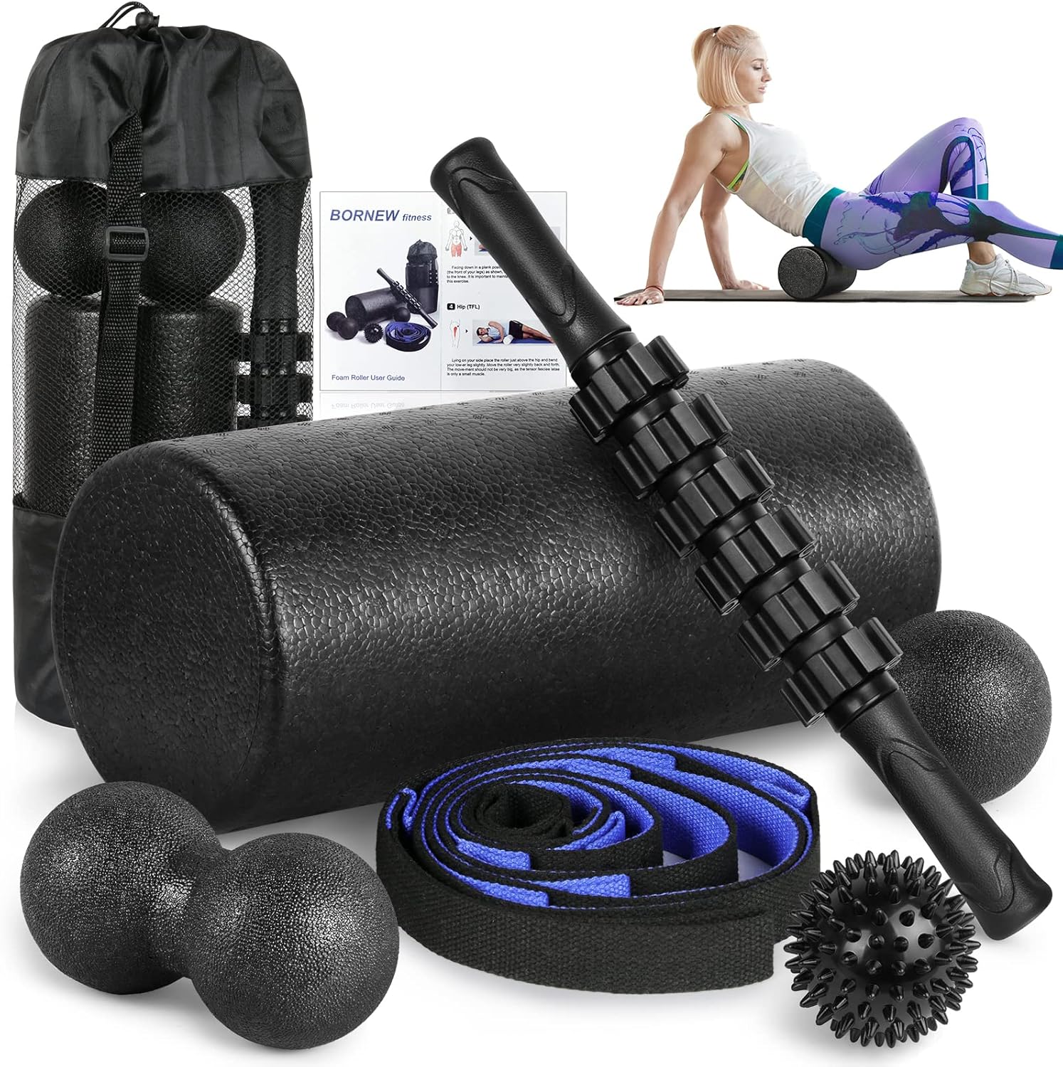Foam Roller Set – High Density Back Roller, Muscle Roller Stick,2 Foot Fasciitis Ball, Stretching Strap, Massage Ball for Whole Body Physical Therapy & Exercise, Yoga, Back Pain, Leg, Deep Tissue