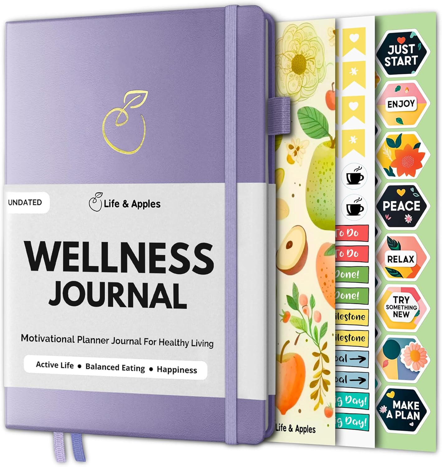 Life & Apples Wellness Journal Planner – Food Log, Fitness Tracker, Habit Tracker, Weight Loss Journal for Diet Tracking and Health Goals, Undated, Size A5 Lavender