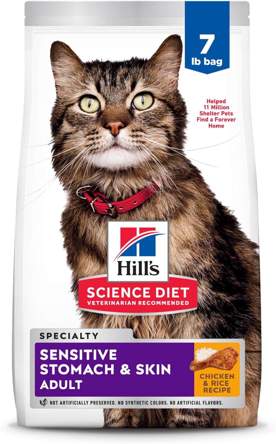 Hill’s Science Diet Sensitive Stomach & Skin, Adult 1-6, Stomach & Skin Sensitivity Support, Dry Cat Food, Chicken & Rice, 7 lb Bag