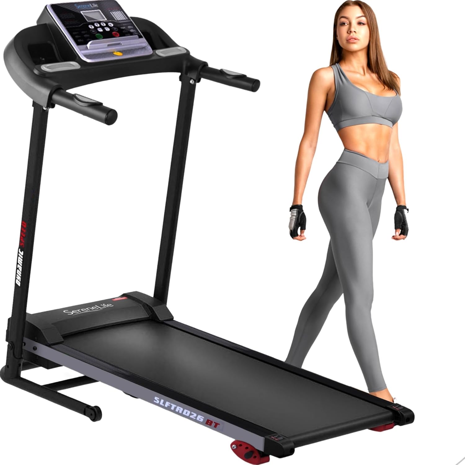 SereneLife Electric Folding Treadmill Exercise Machine – Smart Compact Digital Fitness Treadmill Workout Trainer w/Bluetooth App Sync, Manual Incline Adjustment, for Walking, Running, Gym