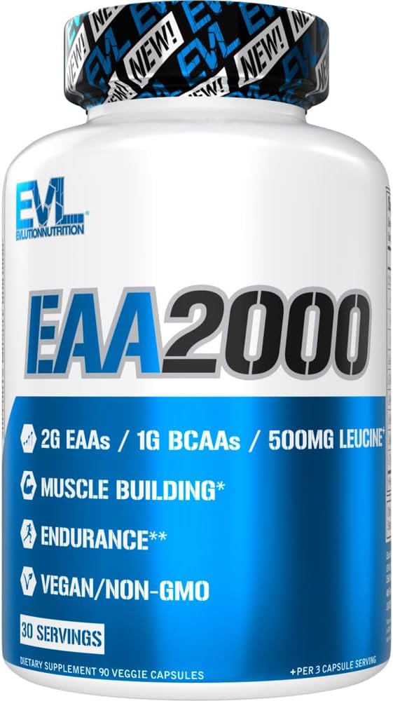 Evlution Nutrition EAA2000 – Pre & Post Workout Capsules – Muscle Building + Recovery Supplement – 2g Essential Amino Acids + 1g BCAAs – Endurance + Energy Support – 30 Servings