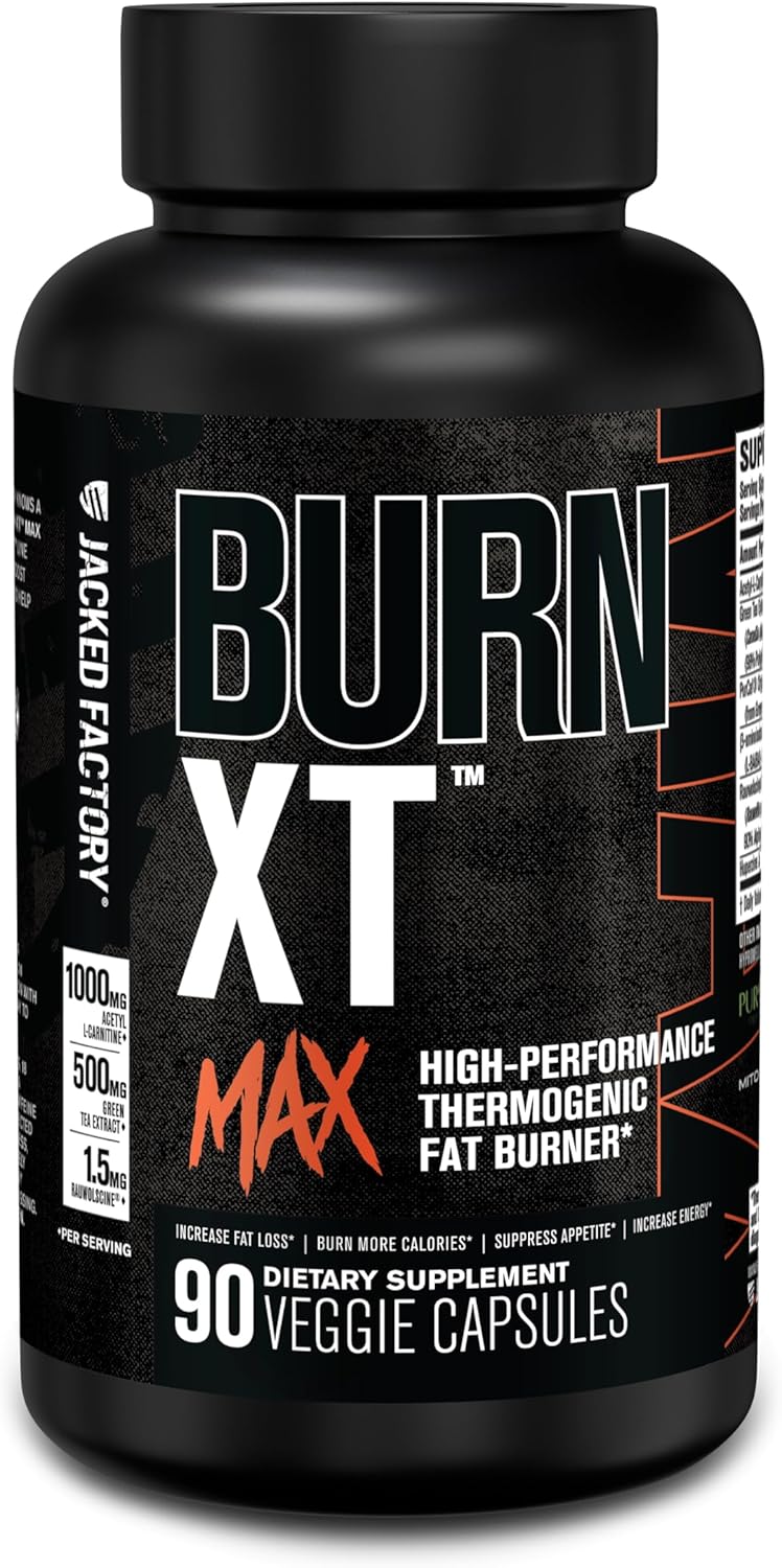 Jacked Factory Burn-XT Max – High-Performance Thermogenic Fat Burner & Appetite Suppressant for Weight Loss w/PurCaf Organic Caffeine, MitoBurn, Green Tea, Acetyl L Carnitine & More – 90 Capsules