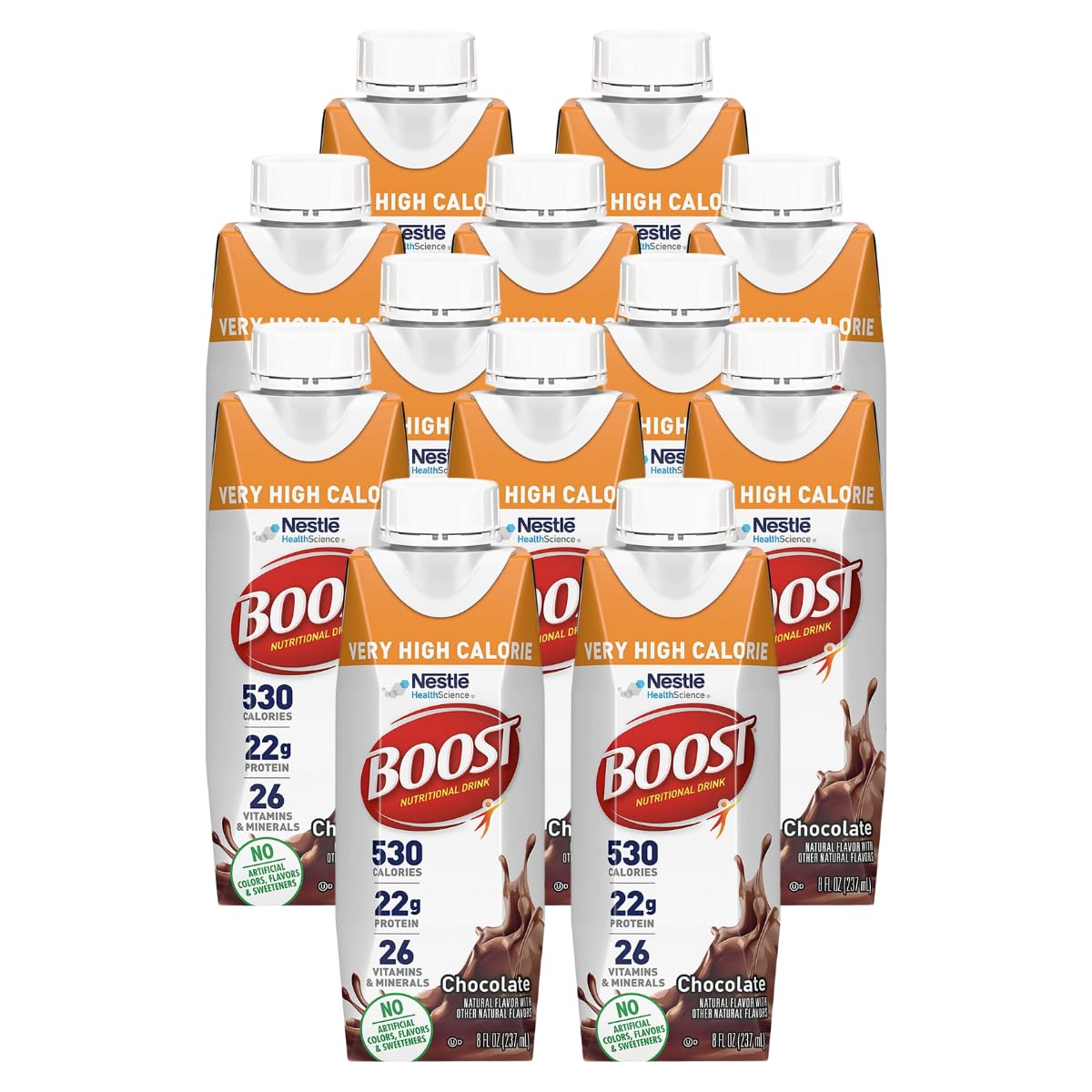 Boost Very High Calorie Nutritional Drink Made with Natural Flavor & No Artificial Flavors, Colors & Sweeteners, Chocolate, 8 FL OZ (Pack of 12)