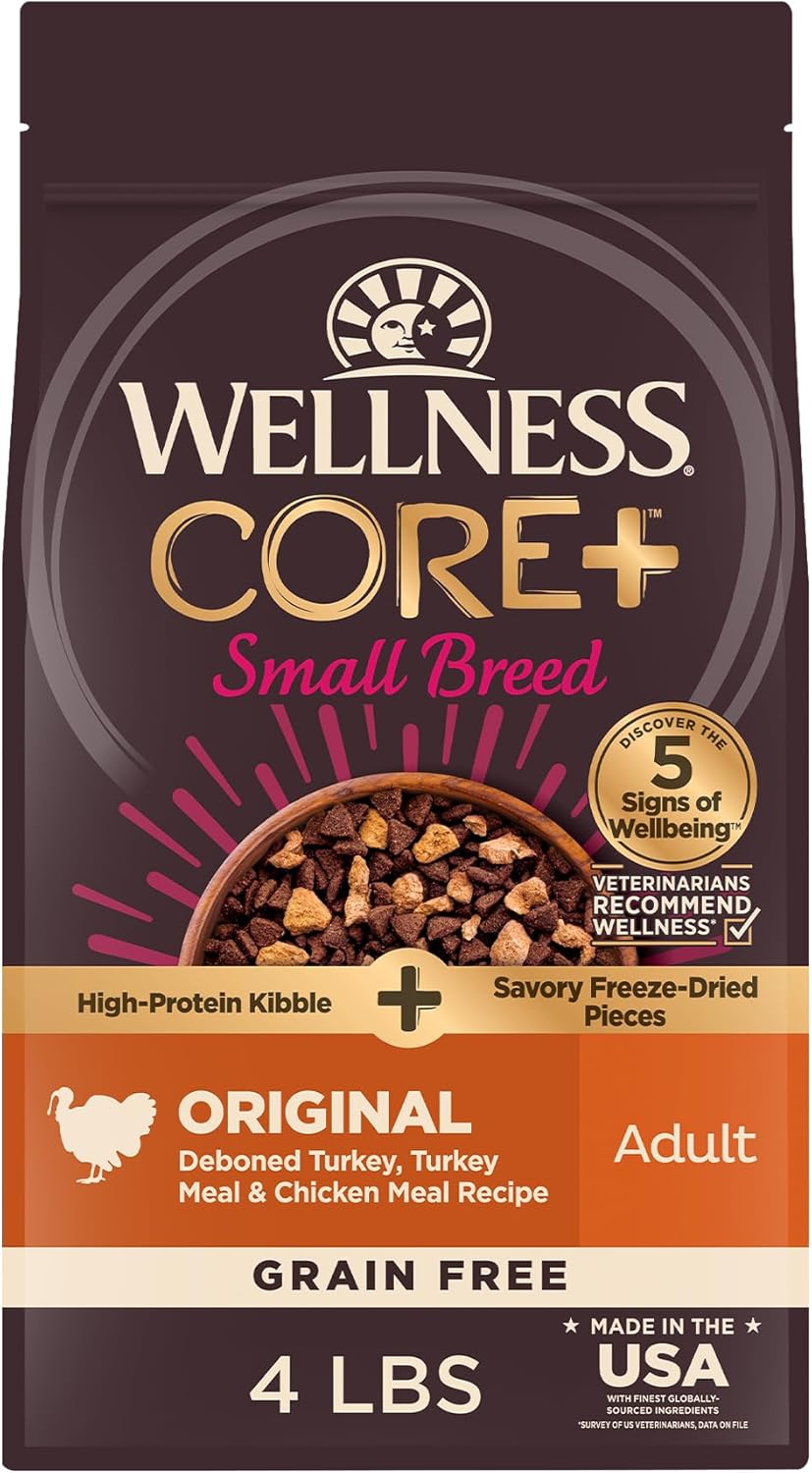 Wellness CORE+ (Formerly RawRev) Dry Dog Food with Freeze Dried Pieces, Small Breed, Grain Free, High Protein, Natural, Original Turkey & Chicken Recipe, (4-Pound Bag)