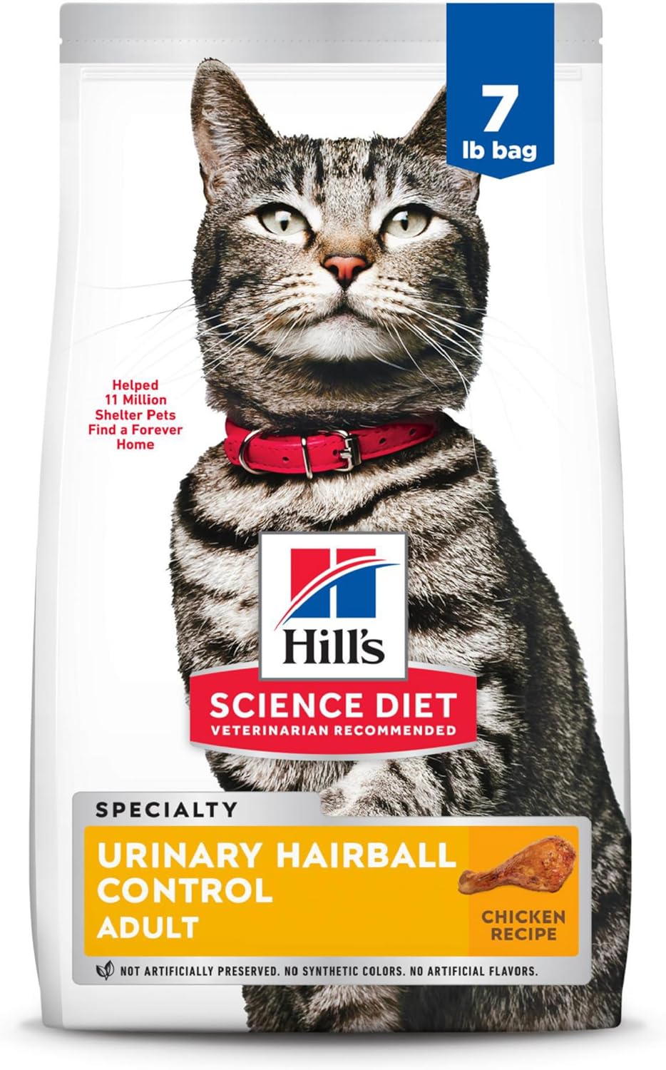 Hill’s Science Diet Urinary Hairball Control, Adult 1-6, Urinary Track Health & Hairball Control Support, Dry Cat Food, Chicken Recipe, 7 lb Bag