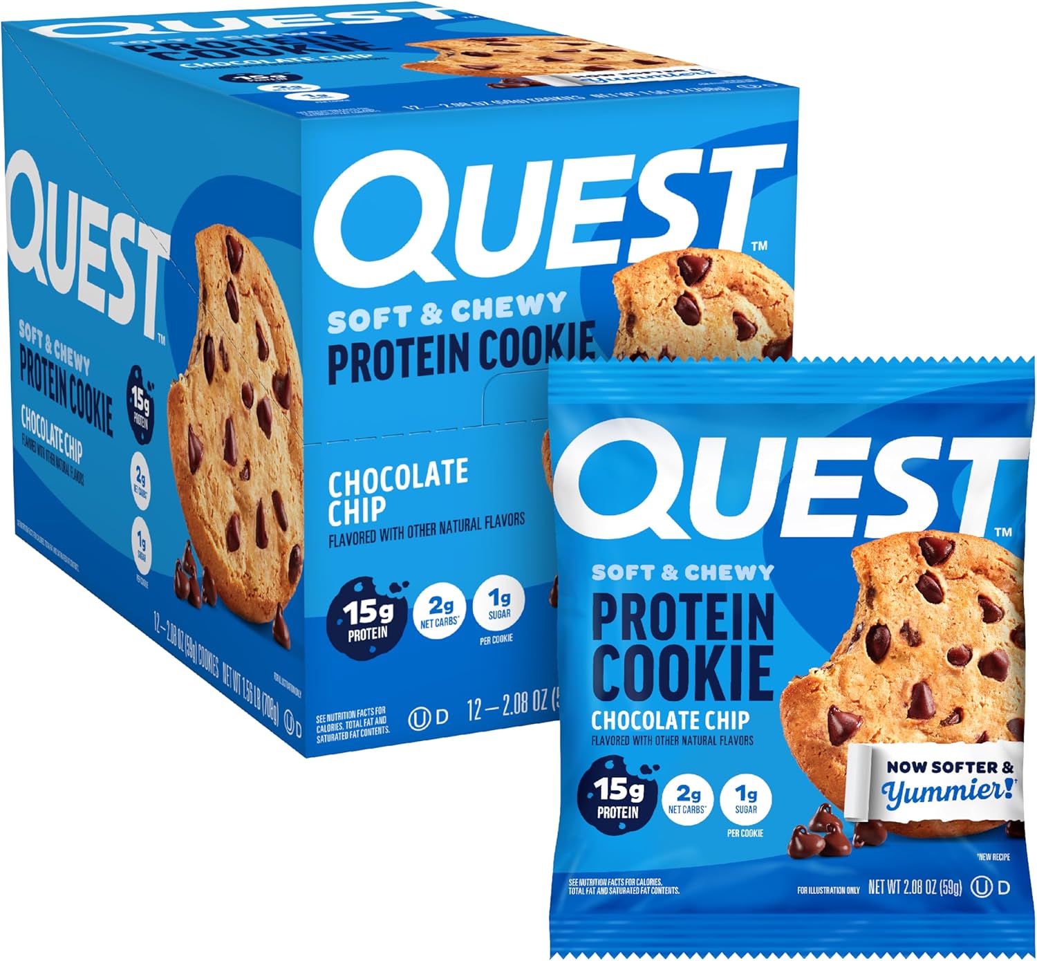 Quest Nutrition Chocolate Chip Protein Cookie, 15g Protein, 1g Sugar, 2g Net Carbs, Keto Friendly, High Protein, Low Carb; 12 Count