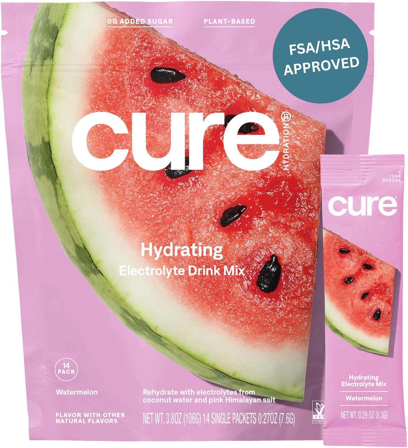Cure Hydration | Plant-Based Electrolyte Drink Mix | No Added Sugar | FSA & HSA | Dehydration Relief Powder Made with Coconut Water | Non-GMO | Vegan | Pouch of 14 Packets – Watermelon