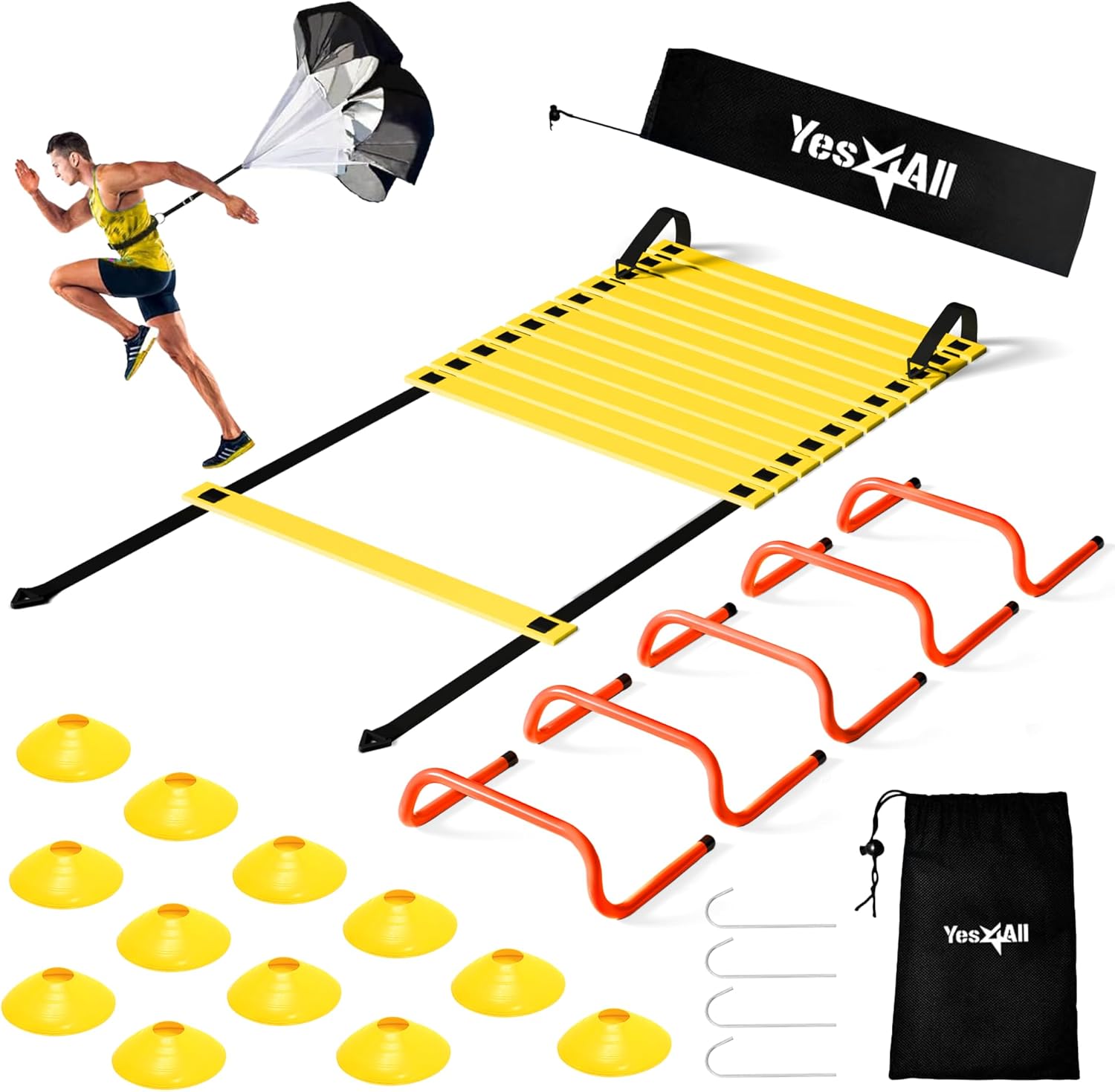 Yes4All Agility Ladder Speed Training Equipment Set – 1 Adjustable Agility Ladder, 12 Soccer Cones, 5 Hurdles, Jump Rope, Running Parachute – Speed & Agility Training Equipment for All Ages