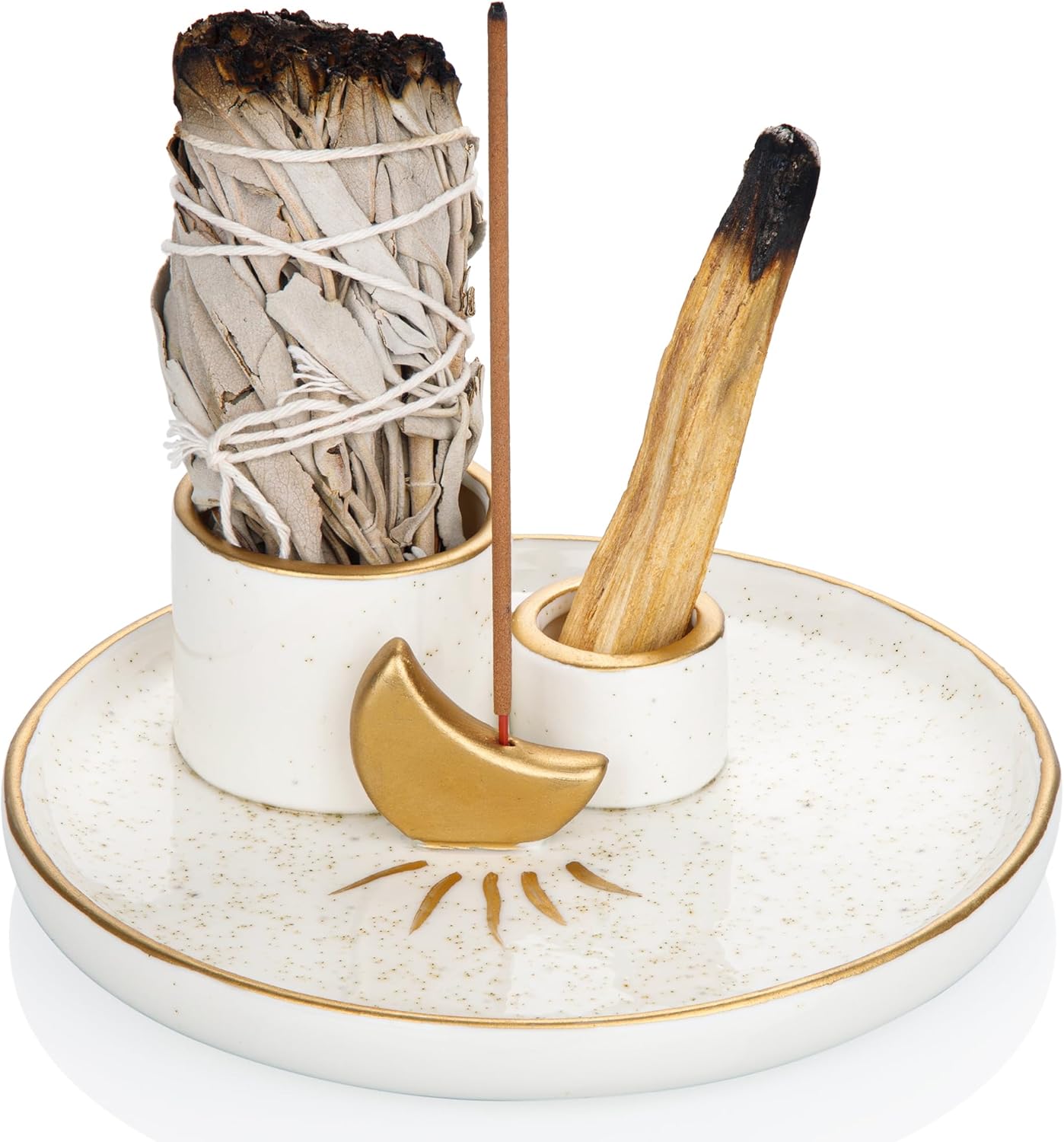 ZenBless Multifunction Incense and Candle Holder for Burning Sage, Palo Santo, Incense Sticks – 5.9″ Ceramic Ash Catcher Tray for Meditation Room Home Decor (Gold)