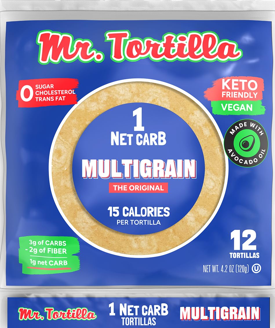 Mr. Tortilla Low Carb Tortilla Wraps – Keto Tortillas with Avocado Oil – Street Taco Size – 1 Net Carb per Serving – Low Calorie Keto Wraps – Low Carb Tortillas – (Multigrain, 12 Count)