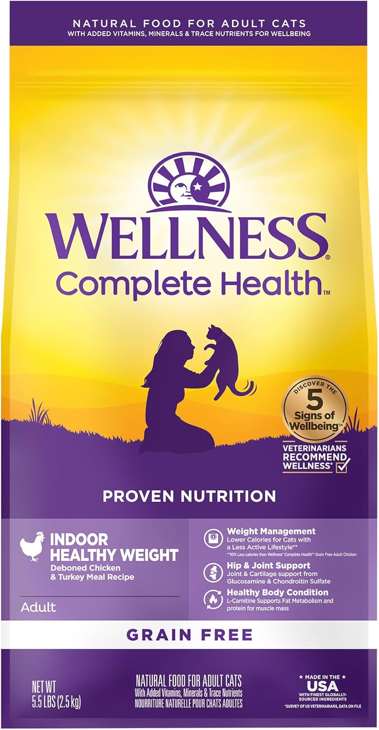 Wellness Complete Health Adult Dry Cat Food for Indoor Cats, Grain Free, Natural, Healthy Weight Chicken & Turkey Meal (5.5 Pound Bag)