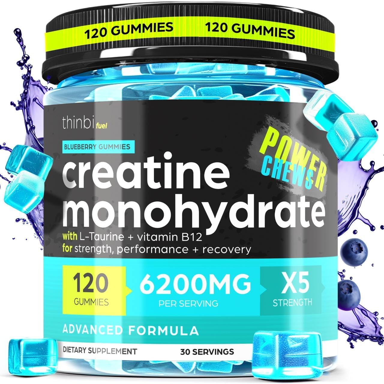 Creatine Monohydrate Gummies Complex 6200mg for Men & Women – 120 Gummies Advanced Formula W/L-Taurine + Vitamin B12 for Muscle Strength, Muscle Builder, Energy Boost, Pre-Workout Supplement – Thinbi