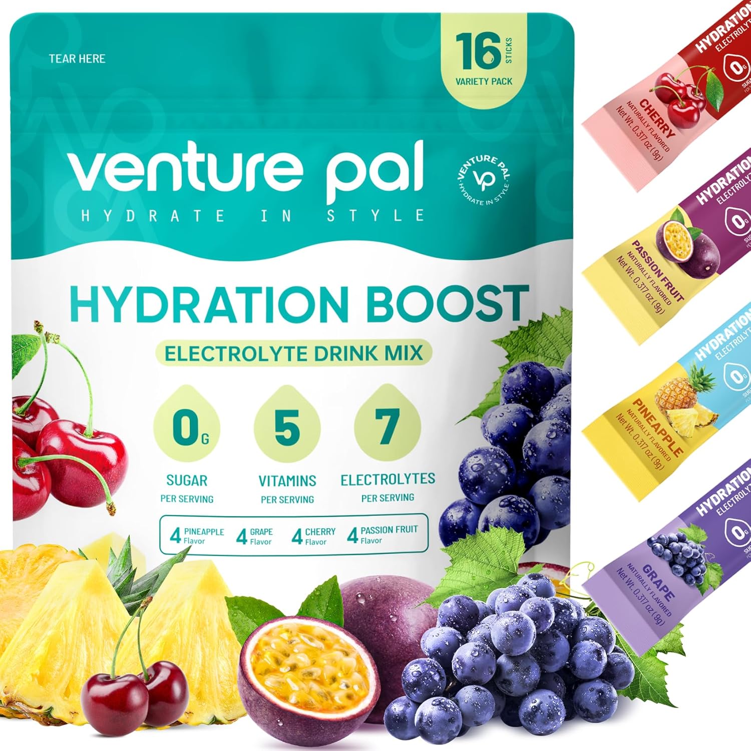 Venture Pal Sugar Free Electrolyte Powder Packets – Liquid Daily IV Drink Mix for Rapid Hydration & Party Recovery | 5 Vitamins & 7 Electrolytes| Keto Friendly | Non-GMO | Certified Vegan | 16 Sticks
