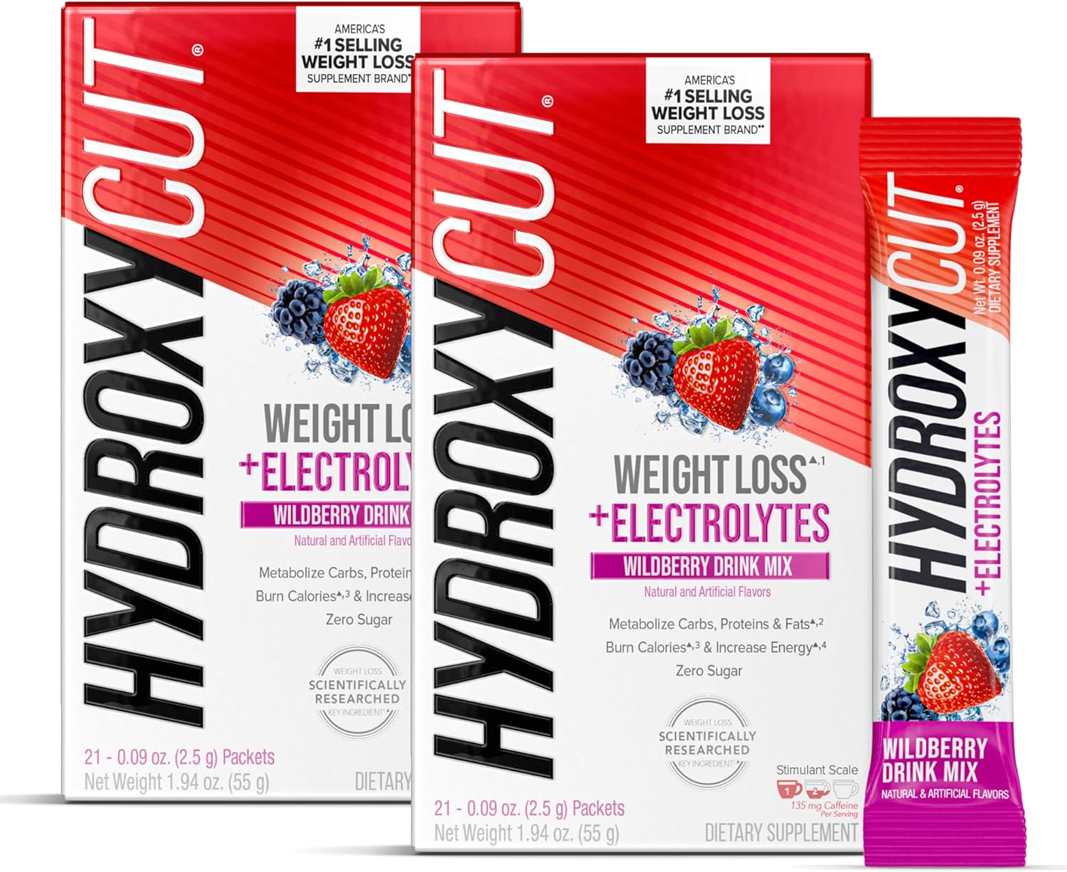 Hydroxycut Drink Mix, Wildberry Blast – 21 Travel-Size Packets, Pack of 2 – Zero Calories, Zero Sugar – Boost Metabolism, Burn Calories, Increase Energy – for Women & Men