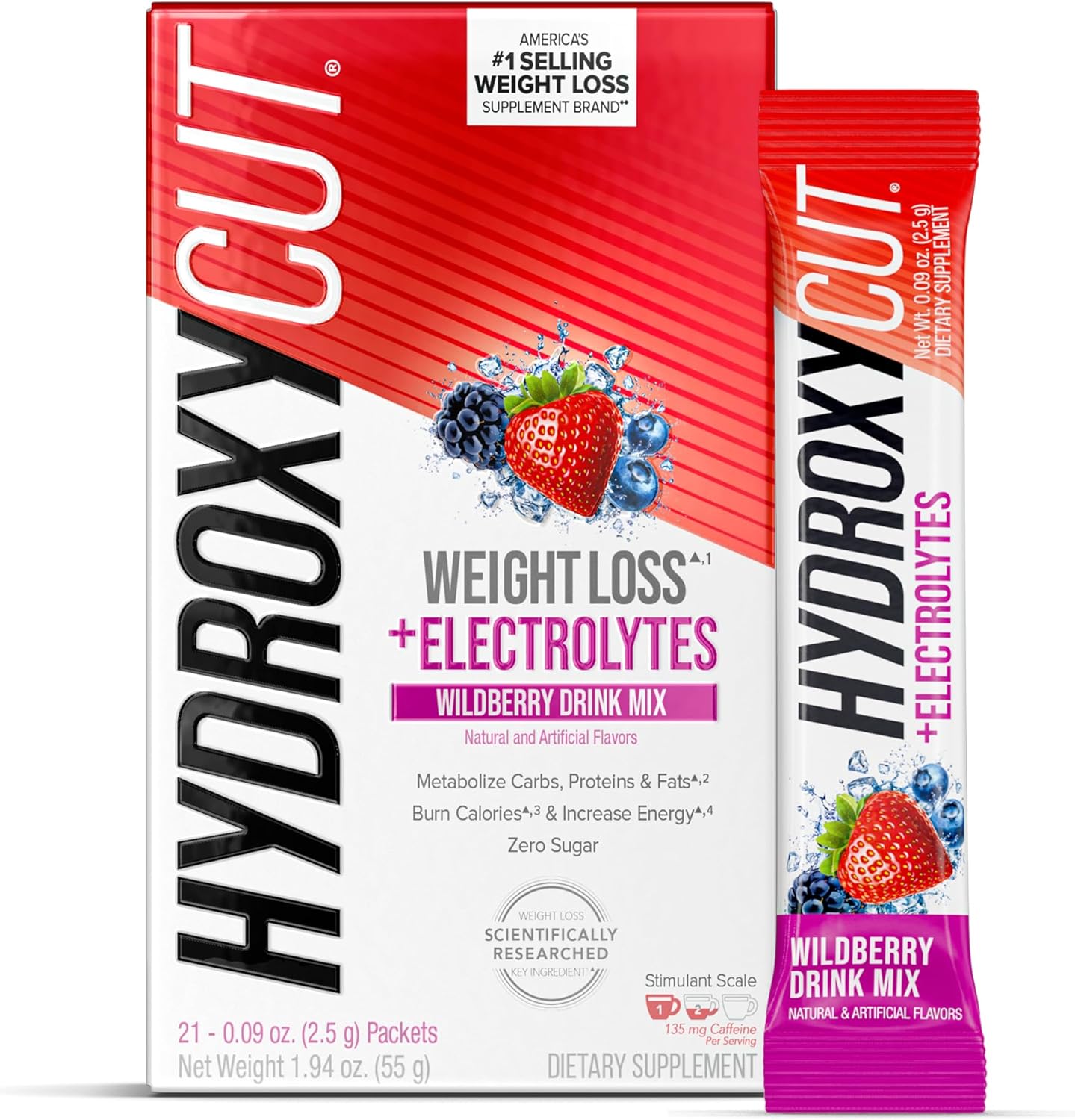 Hydroxycut Drink Mix, Wildberry Blast – 21 Travel-Size Packets – Zero Calories, Zero Sugar – Boost Metabolism, Burn Calories, Increase Energy – for Women & Men