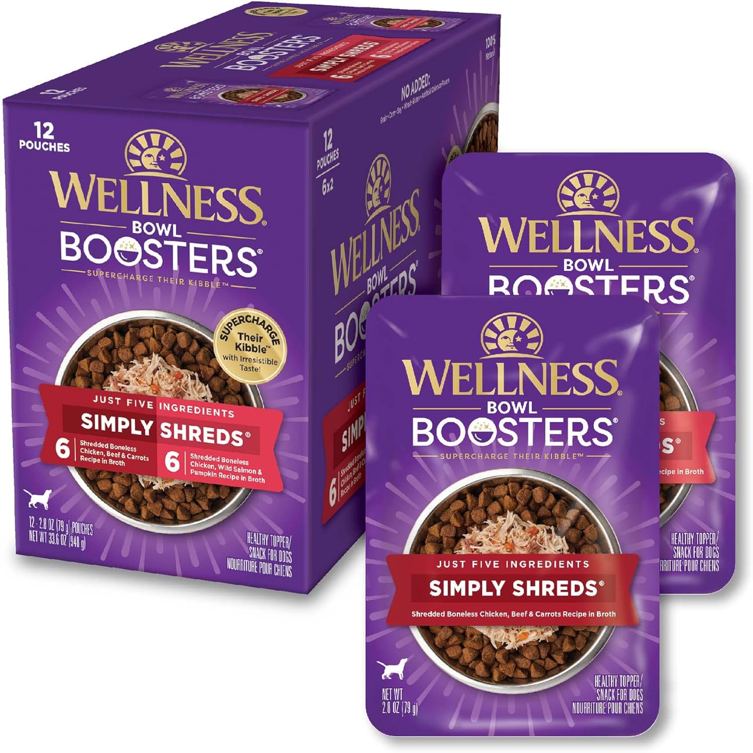 Wellness Bowl Boosters Simply Shreds Wet Dog Food Topper for Small, Medium, & Large Breeds, Grain Free, Natural, Chicken Variety Pack, 2.8 Ounce Pouch (Pack of 12)