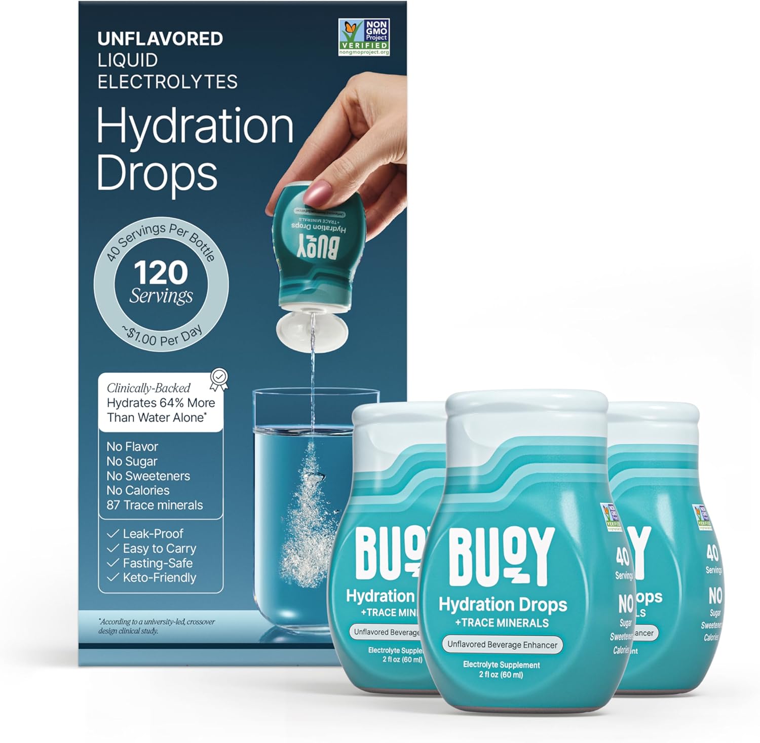 Buoy Electrolyte Drops | 120 Servings | No Sugar, No Sweeteners | Trace Minerals, Vitamins & Antioxidants | Unflavored, Subtle Mineral Taste | Daily Hydration Supplement (Unflavored – 3 Pack)