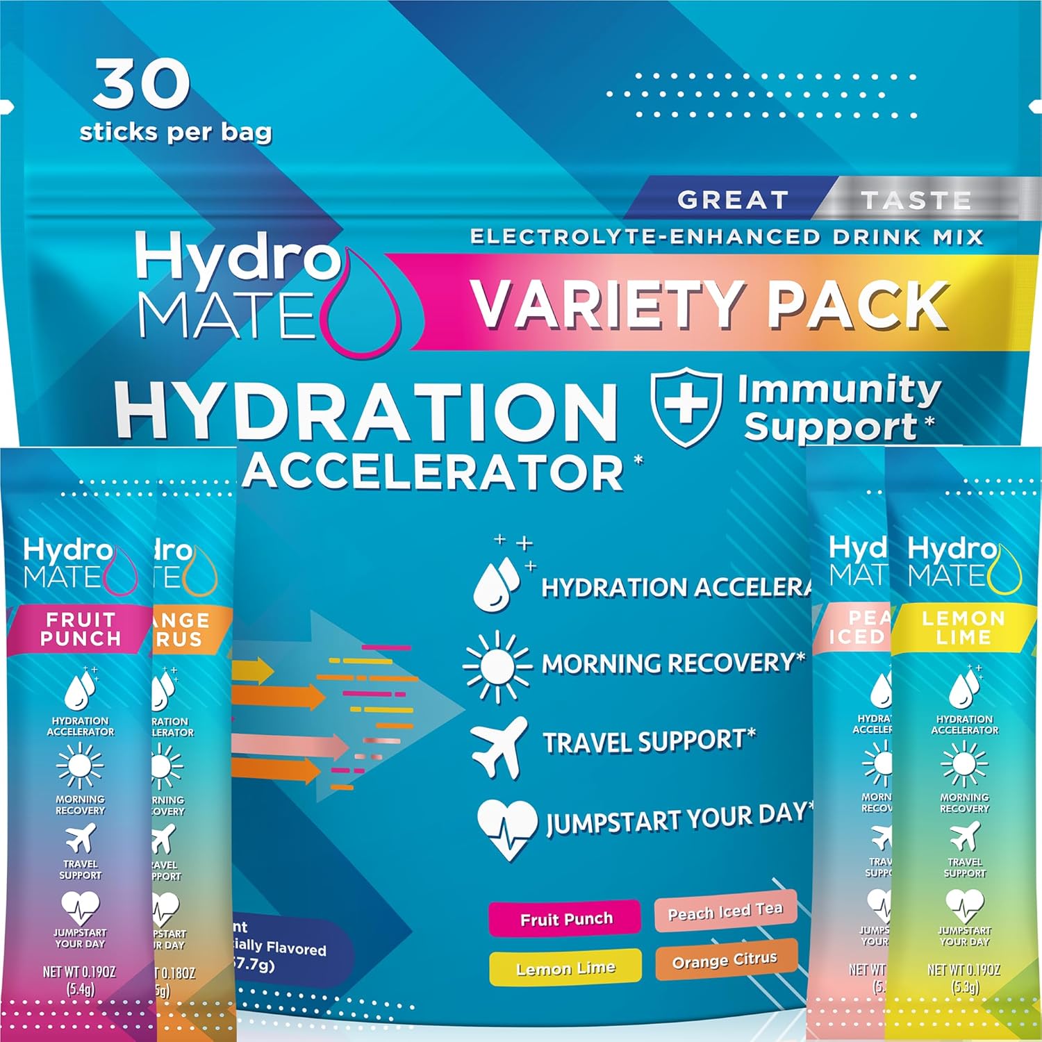 HydroMATE Electrolytes Powder Drink Mix Packets Hydration Accelerator Low Sugar Rapid Party Recovery Plus Vitamin C Variety Pack 30 Count