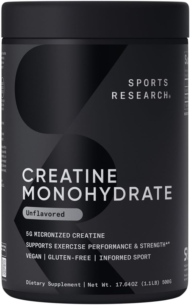 Sports Research Creatine Monohydrate – Gain Lean Muscle, Improve Performance and Strength and Support Workout Recovery – 5 g Micronized Creatine – 1.1LBS
