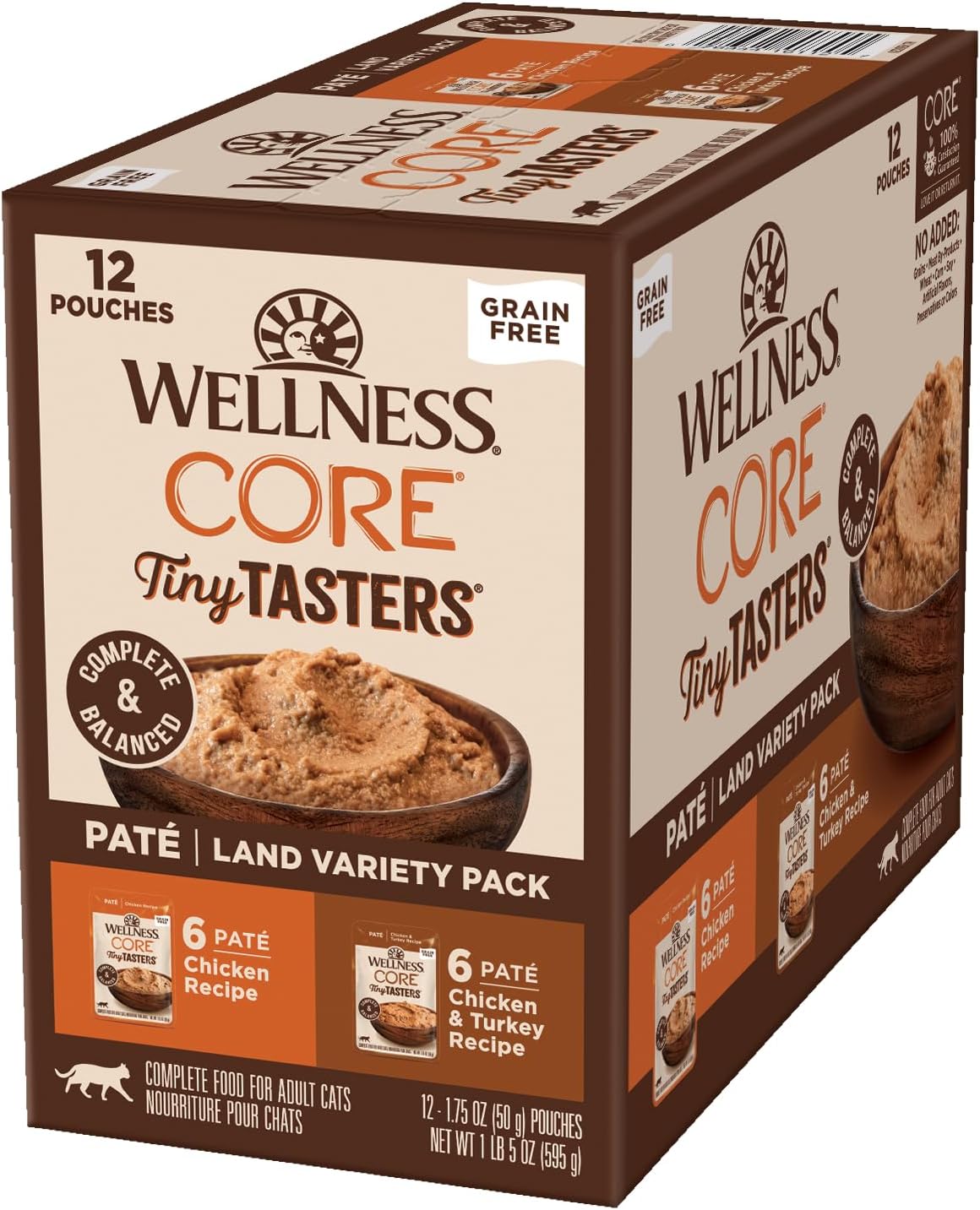Wellness CORE Tiny Tasters Pate Adult Wet Cat Food, Natural, Protein-Rich, Grain Free, 1.75-Ounce Pouch, 12 Pack, (Land Variety Pack)