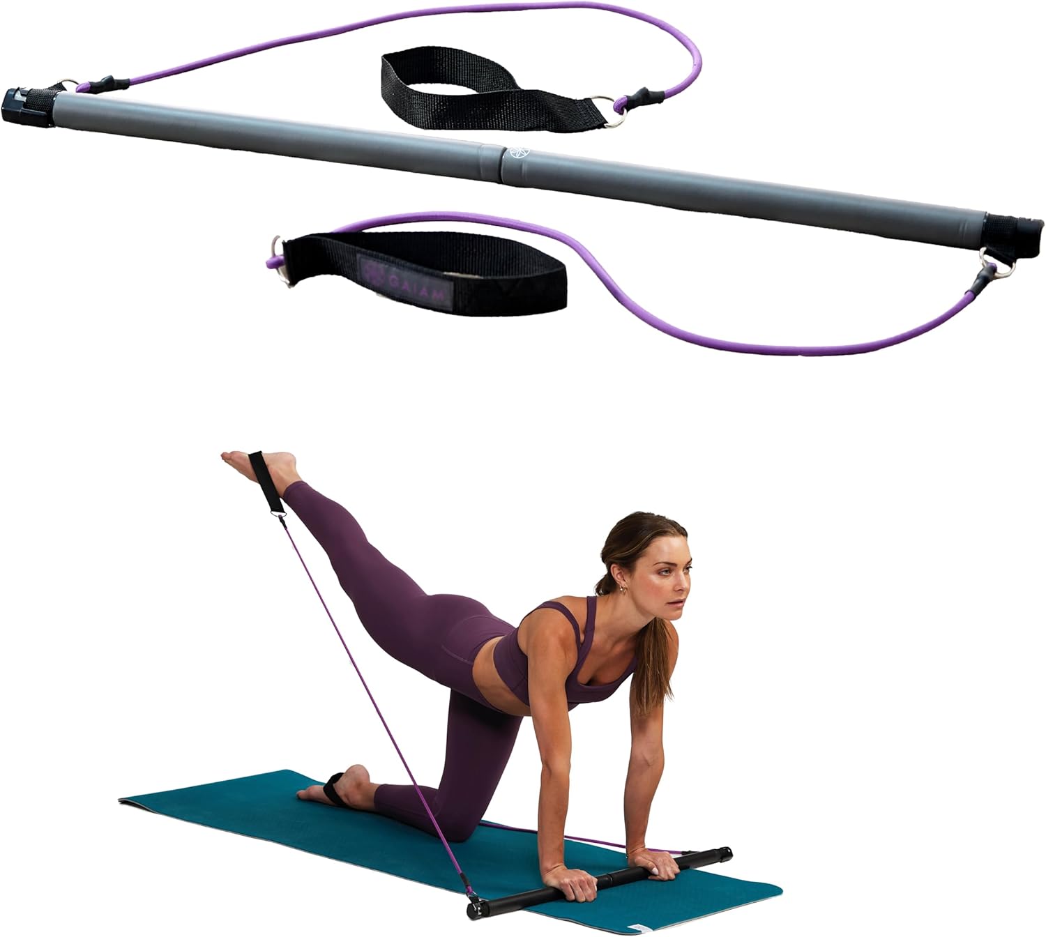 Gaiam Restore Pilates Bar Reformer Kit – Home Fitness Equipment for Total Body Workout – Includes Bar, Two 30-Inch Resistance Band Cords with Attached Foot Strap Loops – Exercise Guide Included