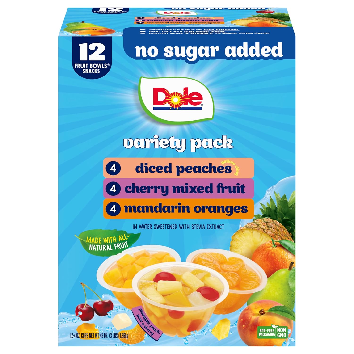 Dole Diced Peaches, Mandarin Oranges, and Cherry Mixed Fruit with No Sugar Added Variety Pack – Dole Fruit Bowls Snacks – 4 oz Bowls – 12 Pack