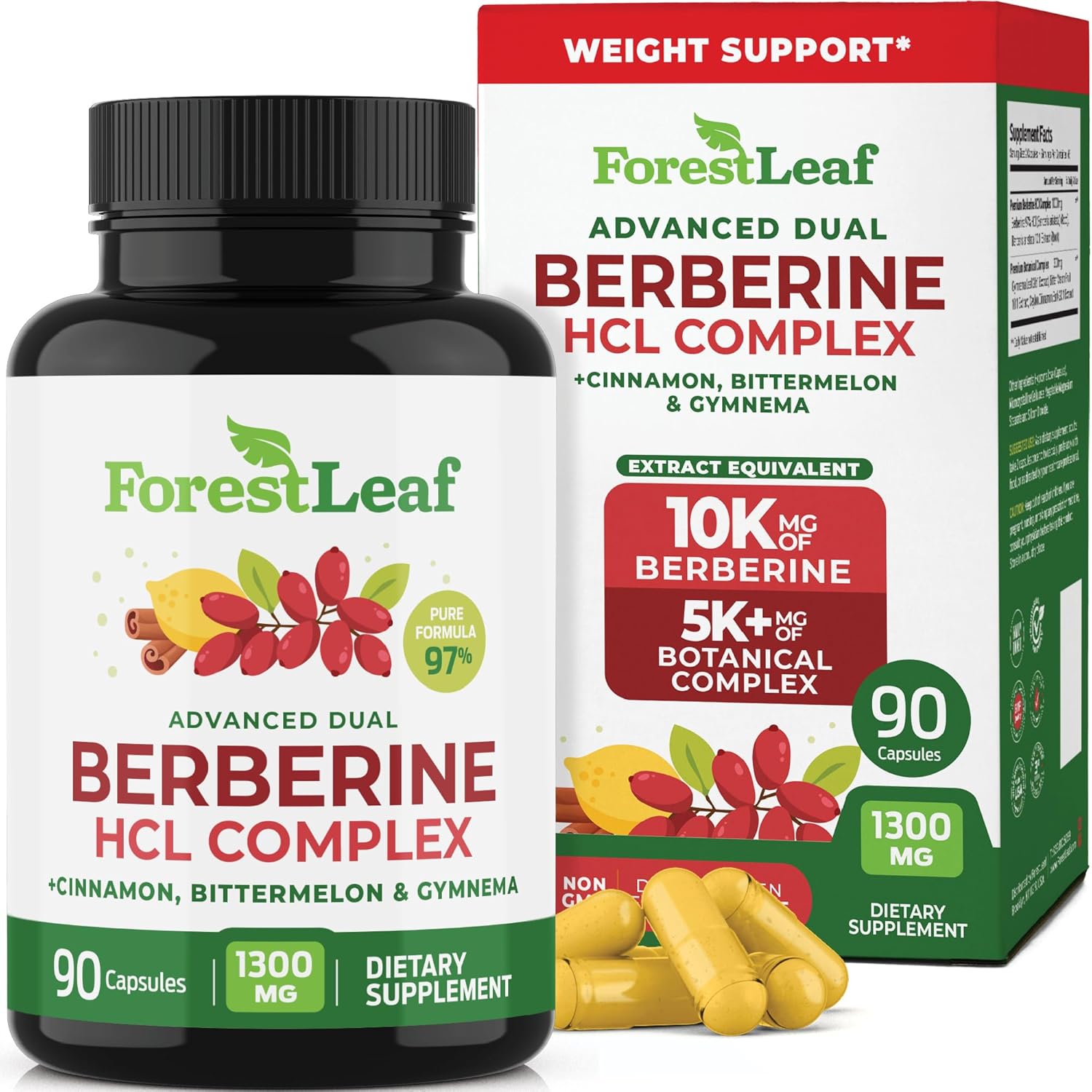 Berberine Supplement 1300mg per Serving- 97% Tested Ultra High Potency Berberine HCl with Ceylon Cinnamon, Bitter Melon & Gymnema, 10:1 Extract Berberis Supplements, Weight Management, 90 Veggie Caps