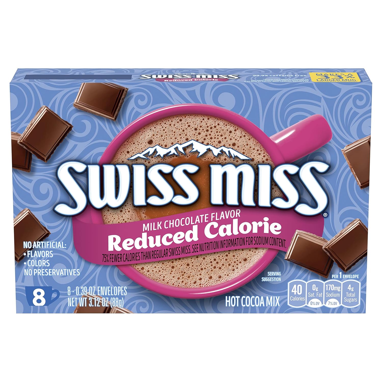 Swiss Miss Milk Chocolate Flavor Reduced Calorie Hot Cocoa Mix, 0.39 oz. 8-Count (Pack of 12)