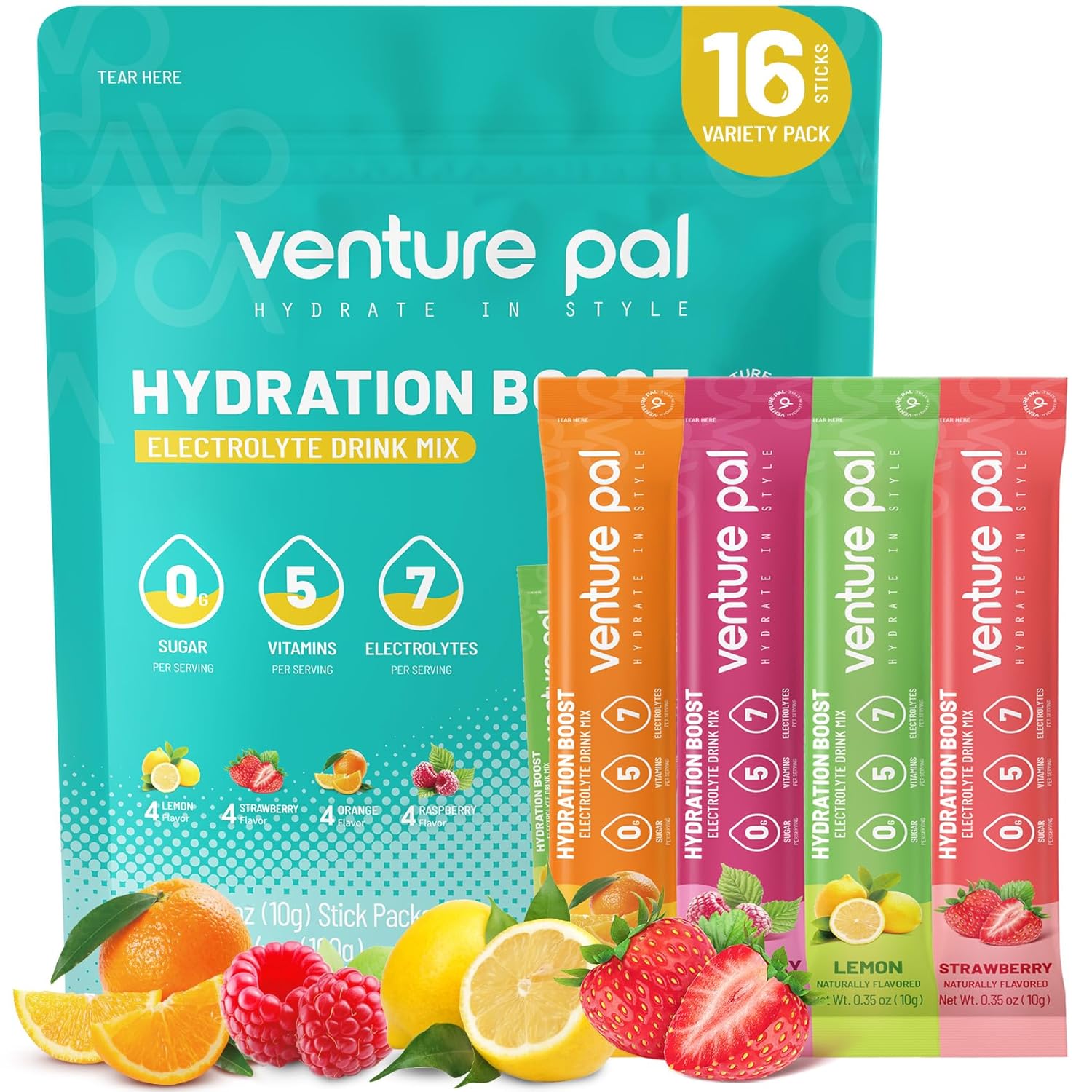 Venture Pal Sugar Free Electrolyte Powder Packets – Liquid Daily IV Drink Mix for Rapid Hydration & Party Recovery | 5 Vitamins & 7 Electrolytes| Keto Friendly | Non-GMO | Certified Vegan | 16 Sticks