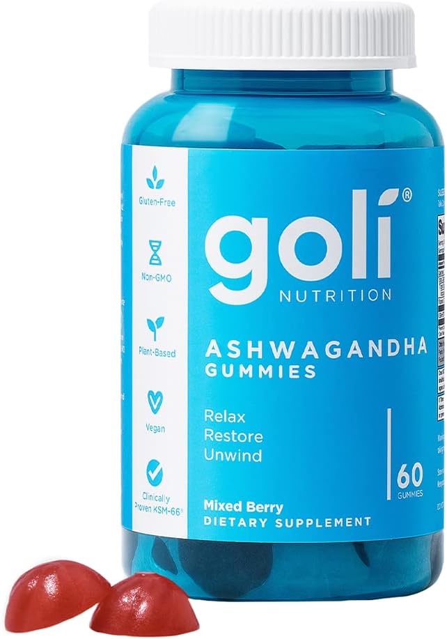 Goli Ashwagandha & Vitamin D Gummy – 60 Count – Mixed Berry, KSM-66, Vegan, Plant Based, Non-GMO, Gluten-Free & Gelatin Free Relax. Restore. Unwind, Pack of 1