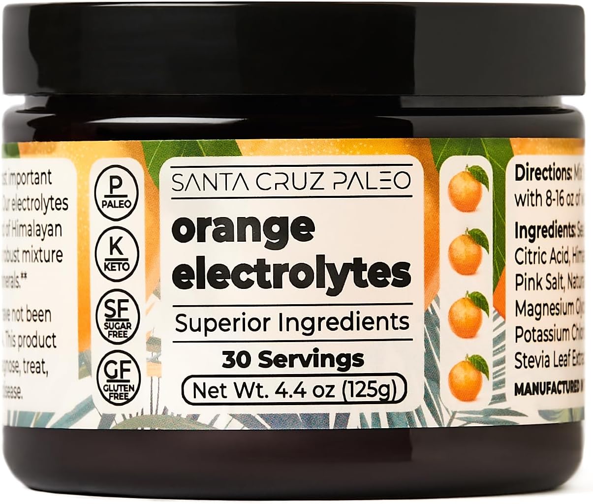 Santa Cruz Paleo Electrolyte Powder, Orange Flavor, Sugar Free Hydration Drink Mix with Himalayan Pink Salt, Sea Salt, Magnesium Glycinate, Potassium Chloride, Sweetened with Stevia, 30 Servings