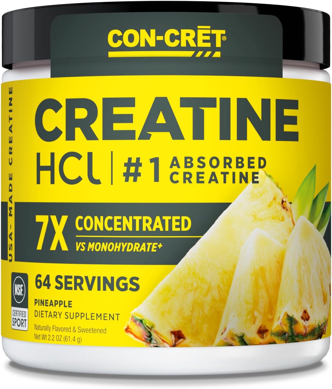 CON-CRET Creatine HCl Powder | Muscle, Cognitive, Cellular Energy Support | No Bloating or Cramps | USA Made & NSF Certified | Pineapple (64 Serving)